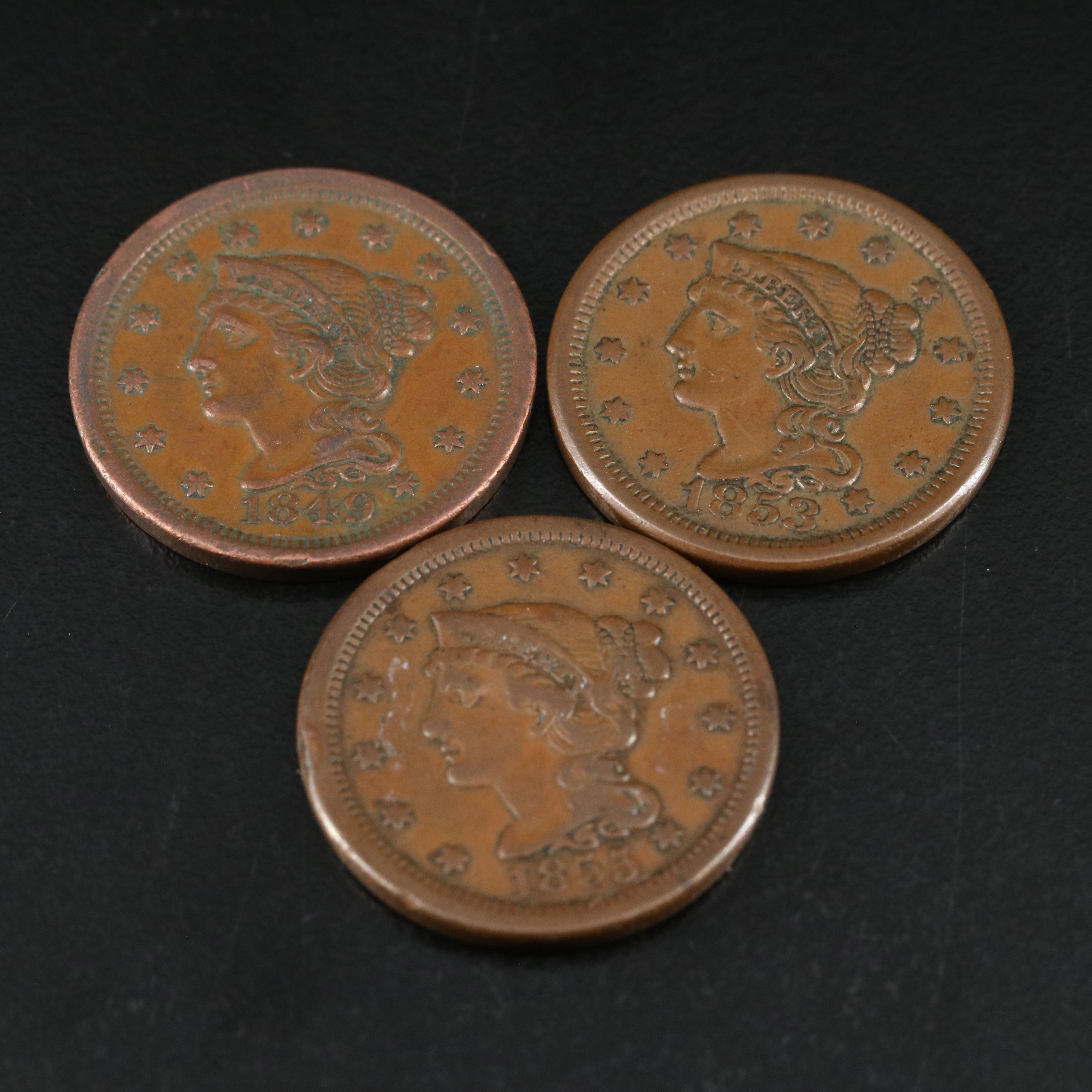 Three different United States Coronet Large Cents