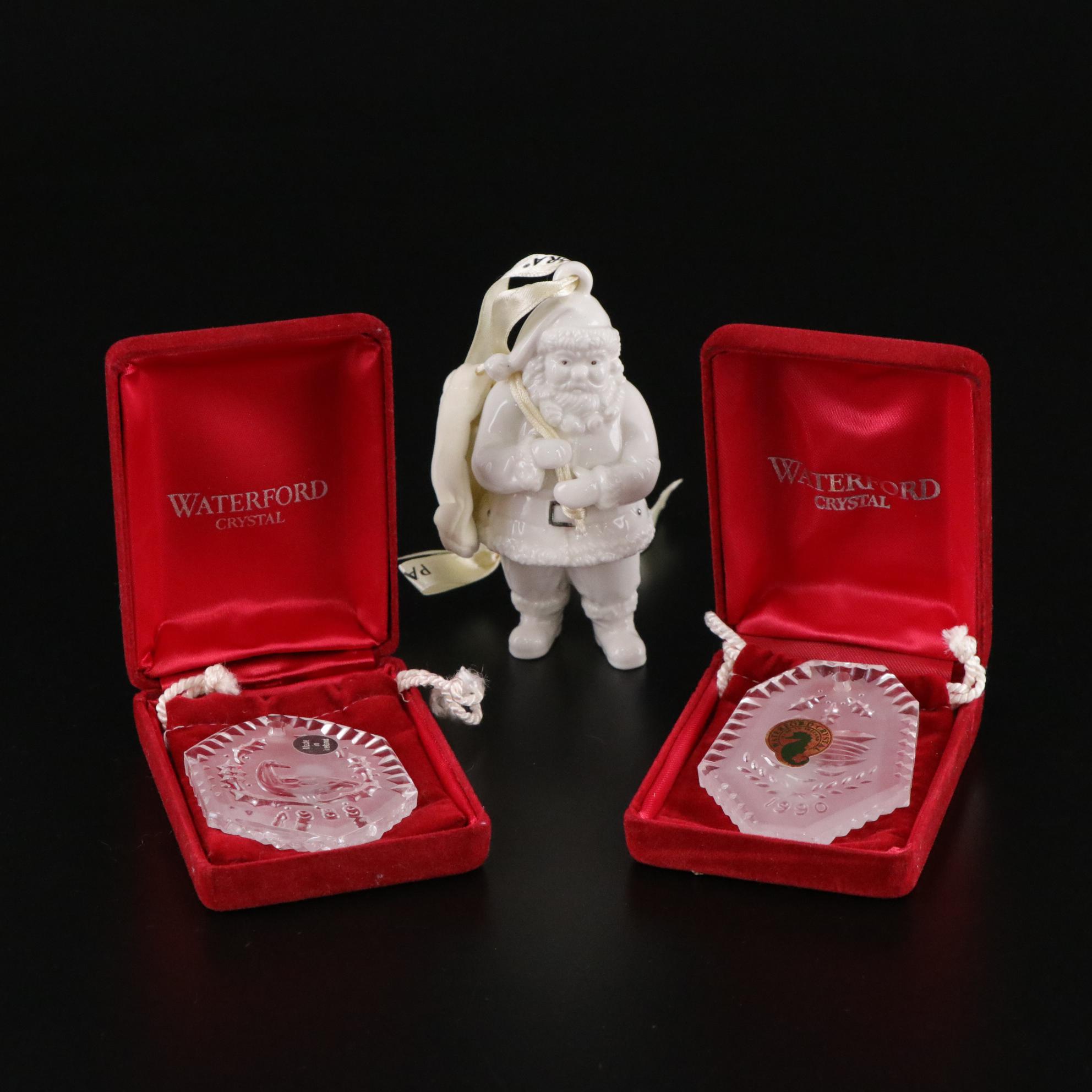 Waterford Crystal Annual 1989 & 1990 Ornaments with Pandora Porcelain Santa