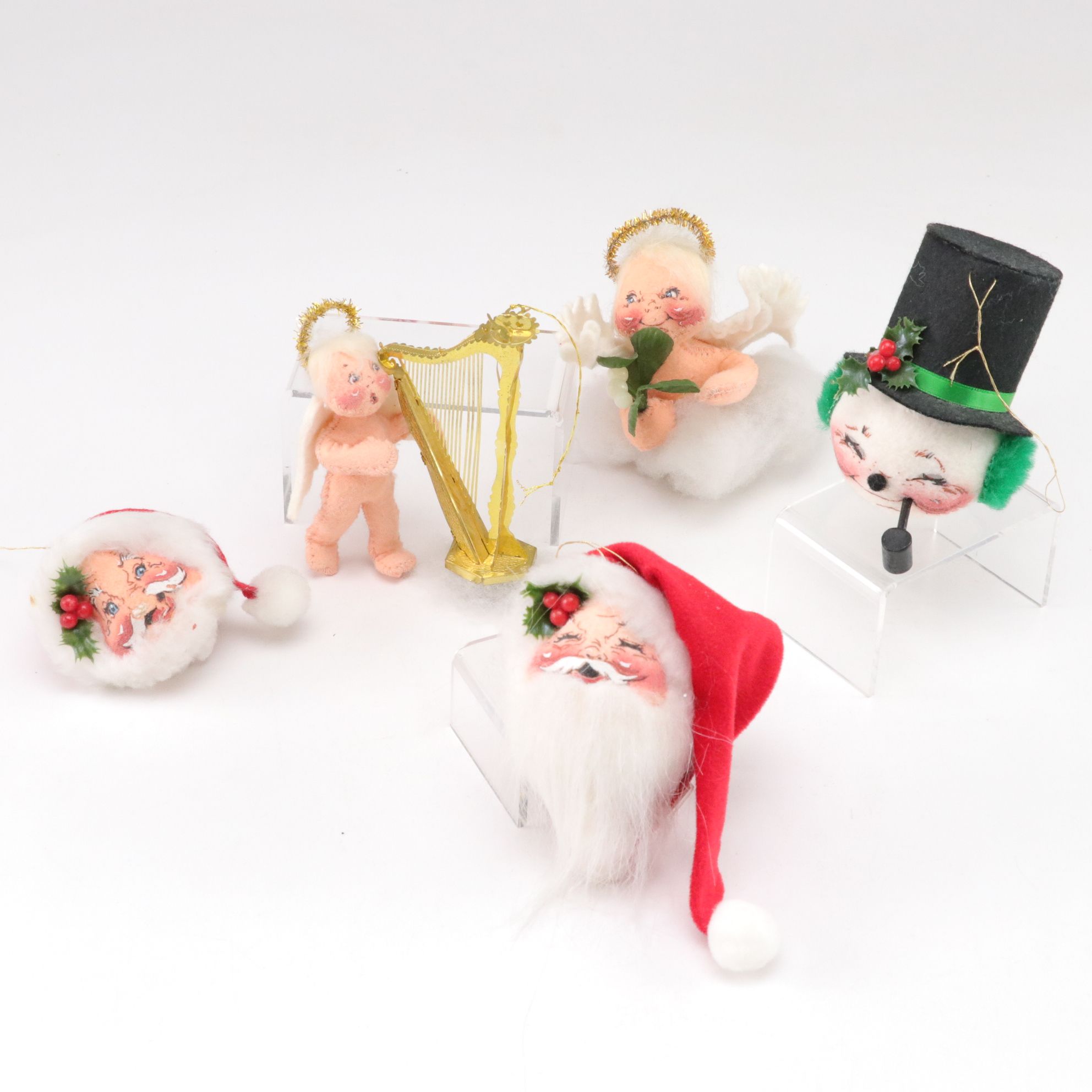 Annalee Doll Santa, Angel and Snowman Christmas Ornaments, 1990s
