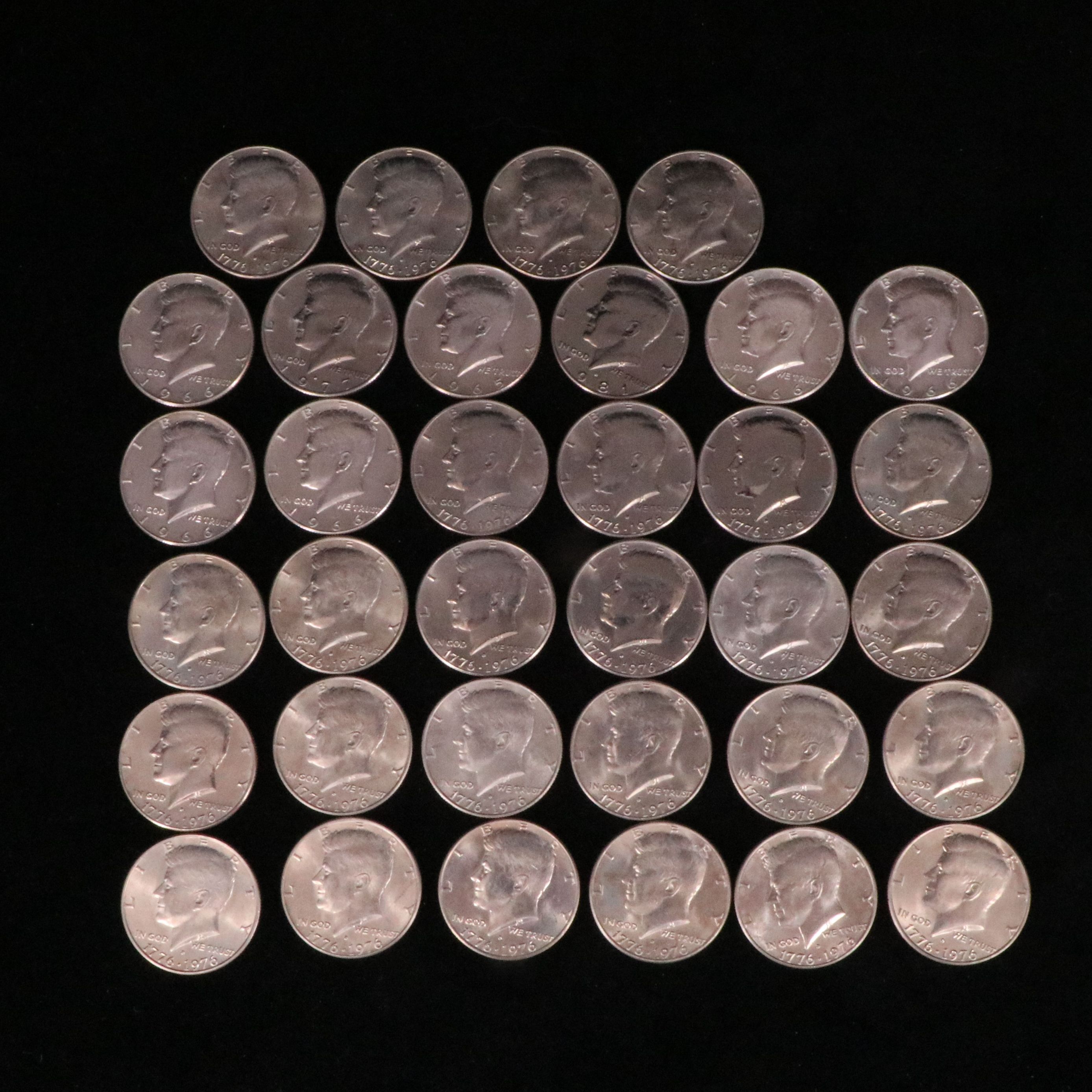 8 Silver Kennedy Half Dollars with 26 Copper-Nickel Bicentennial Half Dollars