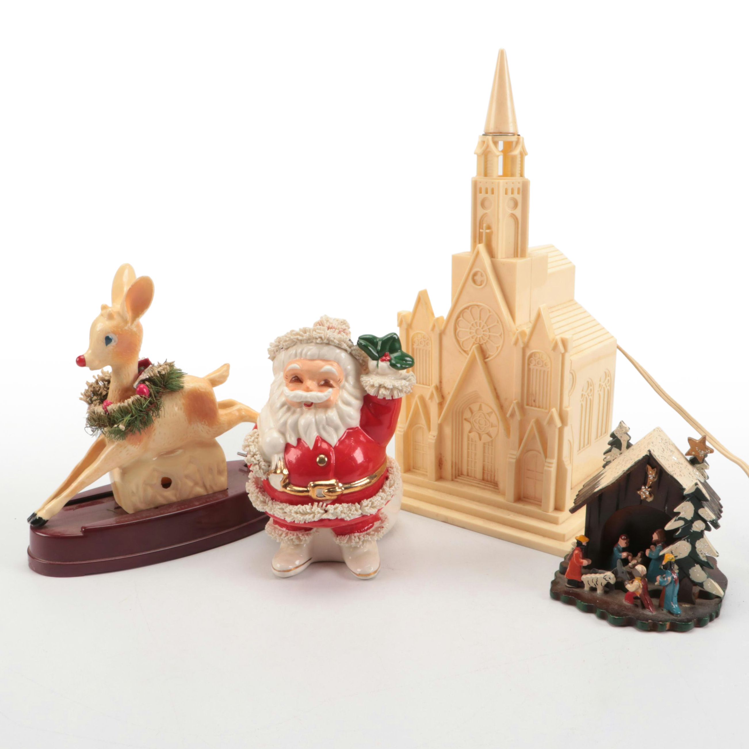 Chapel Shaped Plastic Music Box, Ceramic Santa Claus Figurine, and More Décor