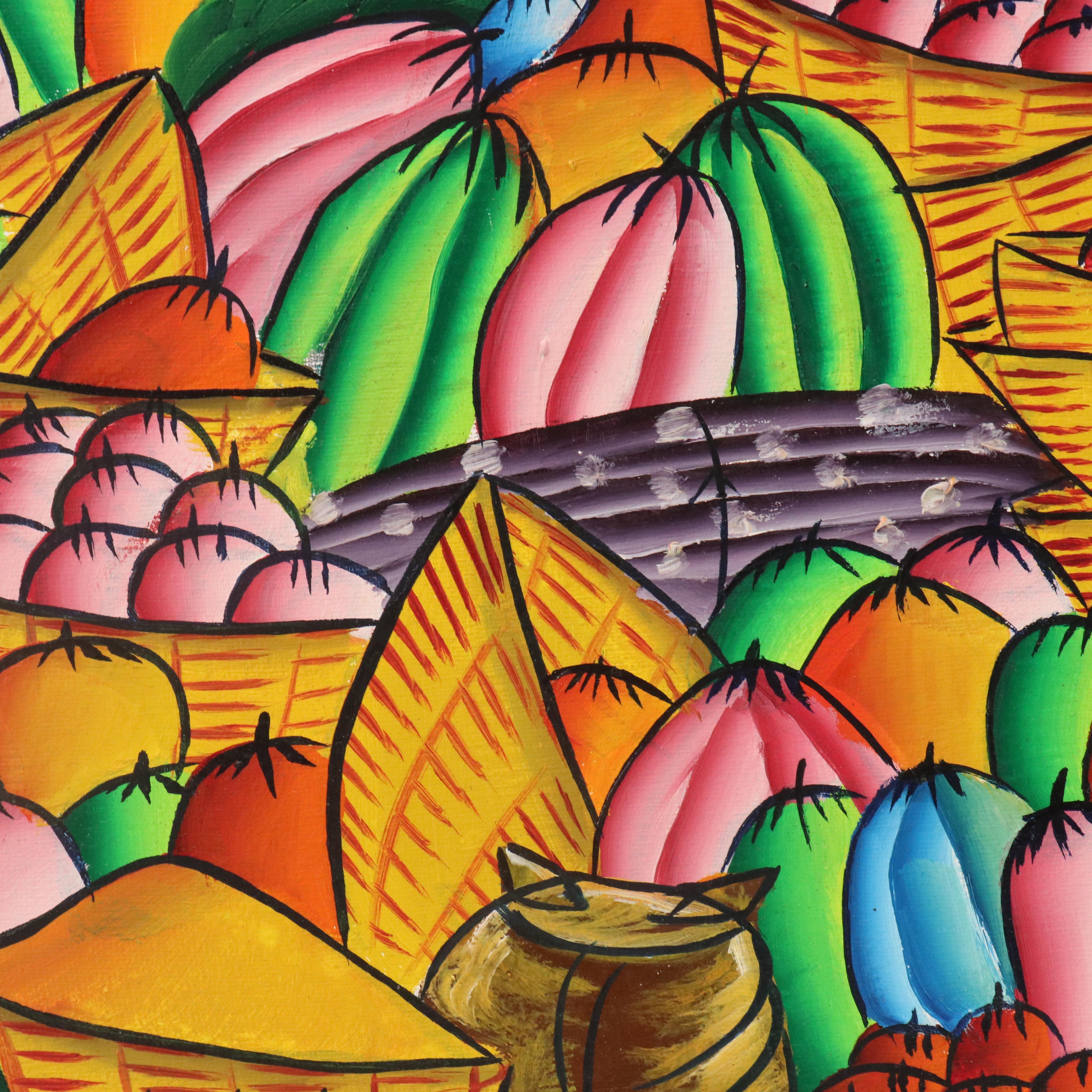Laurent Casimir Studio Haitian Folk Art Oil Painting of Fruit Market, 20th C.