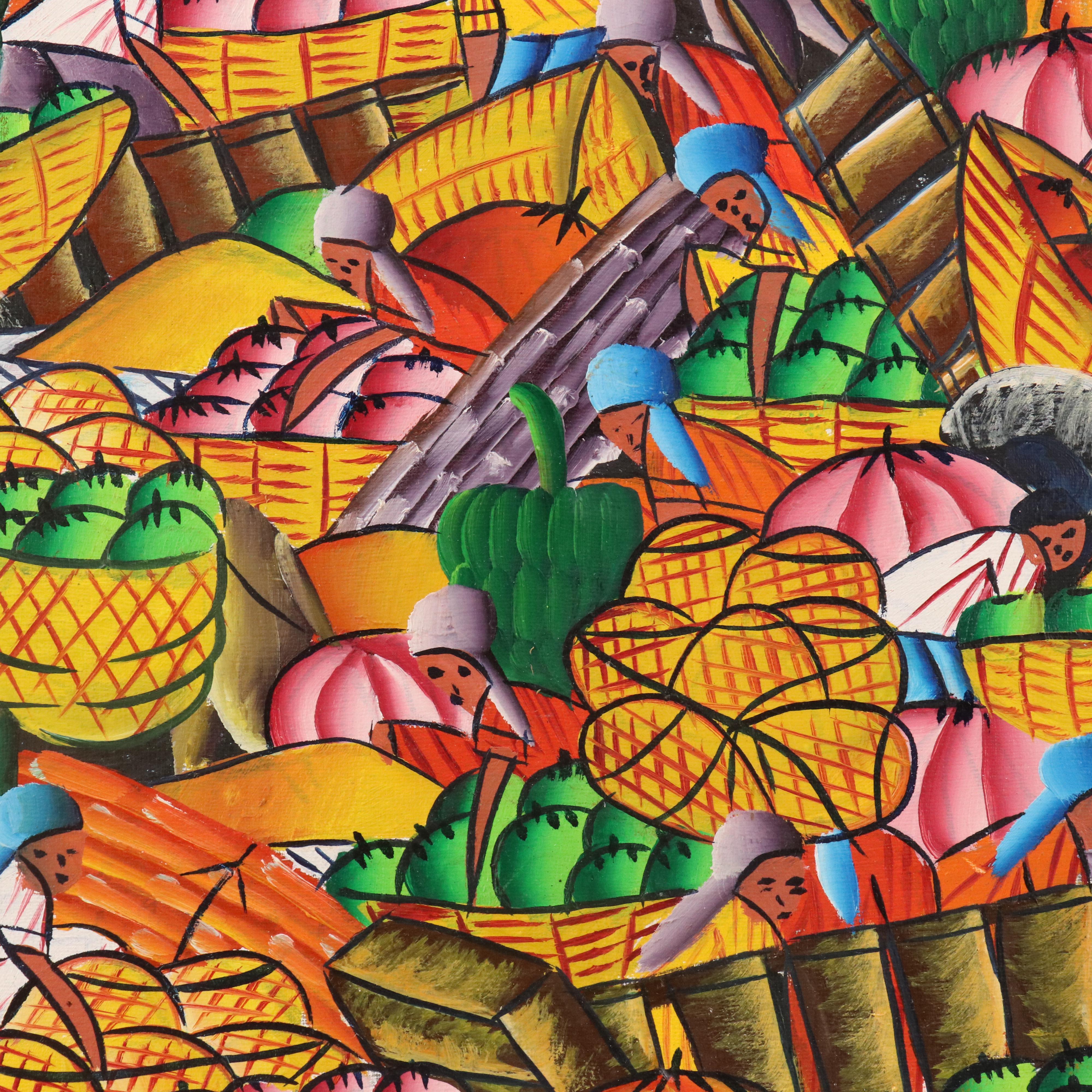 Laurent Casimir Studio Haitian Folk Art Oil Painting of Fruit Market, 20th C.