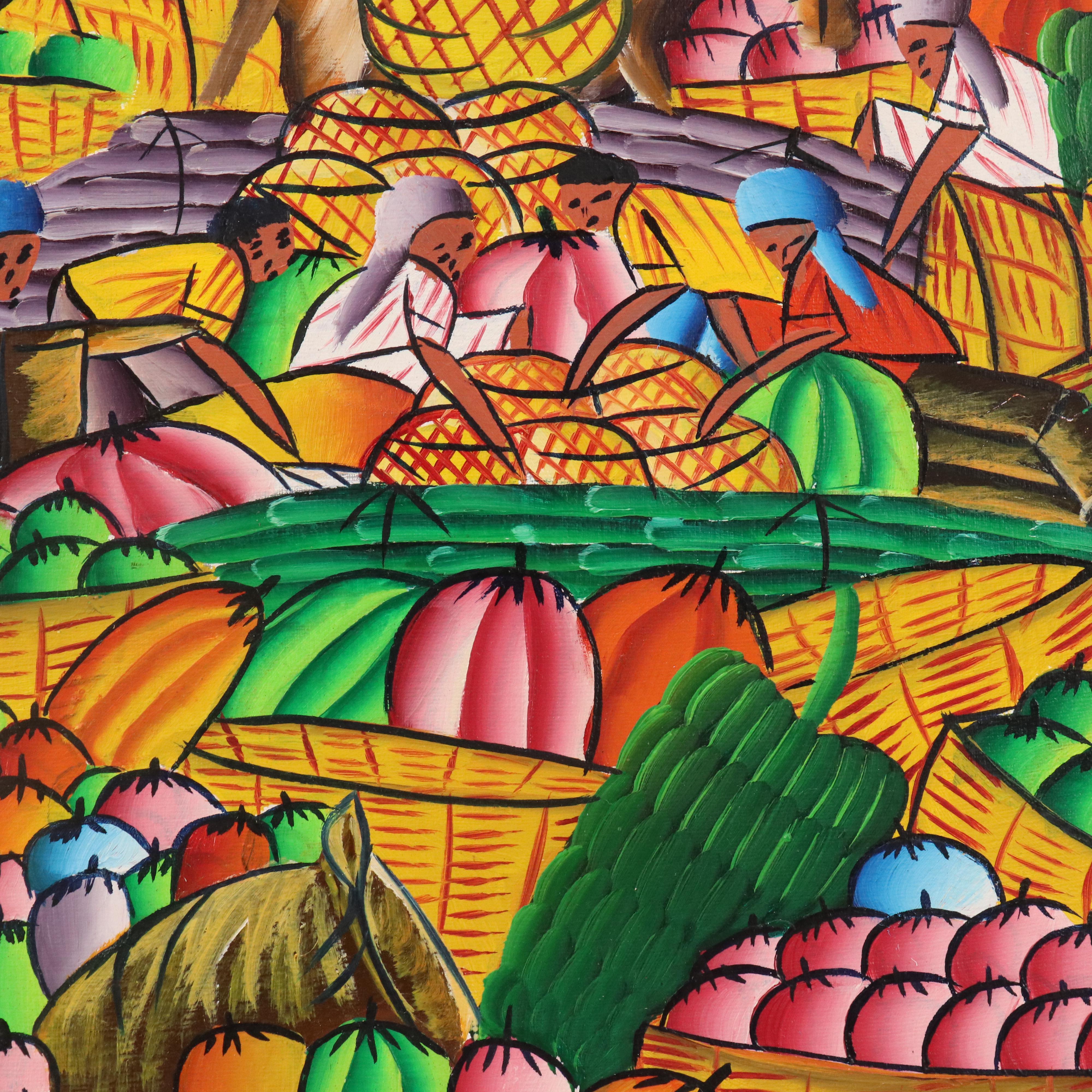 Laurent Casimir Studio Haitian Folk Art Oil Painting of Fruit Market, 20th C.