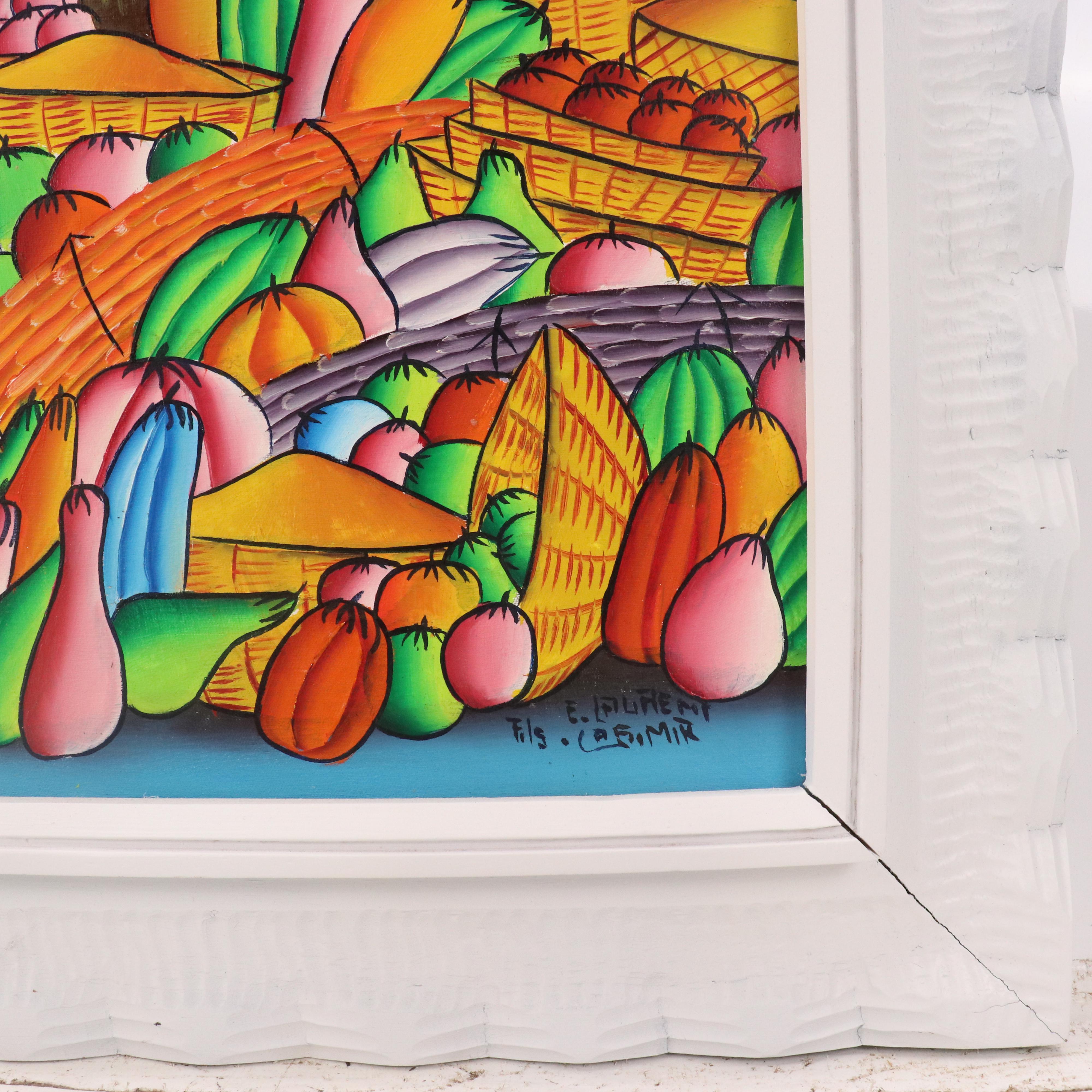 Laurent Casimir Studio Haitian Folk Art Oil Painting of Fruit Market, 20th C.