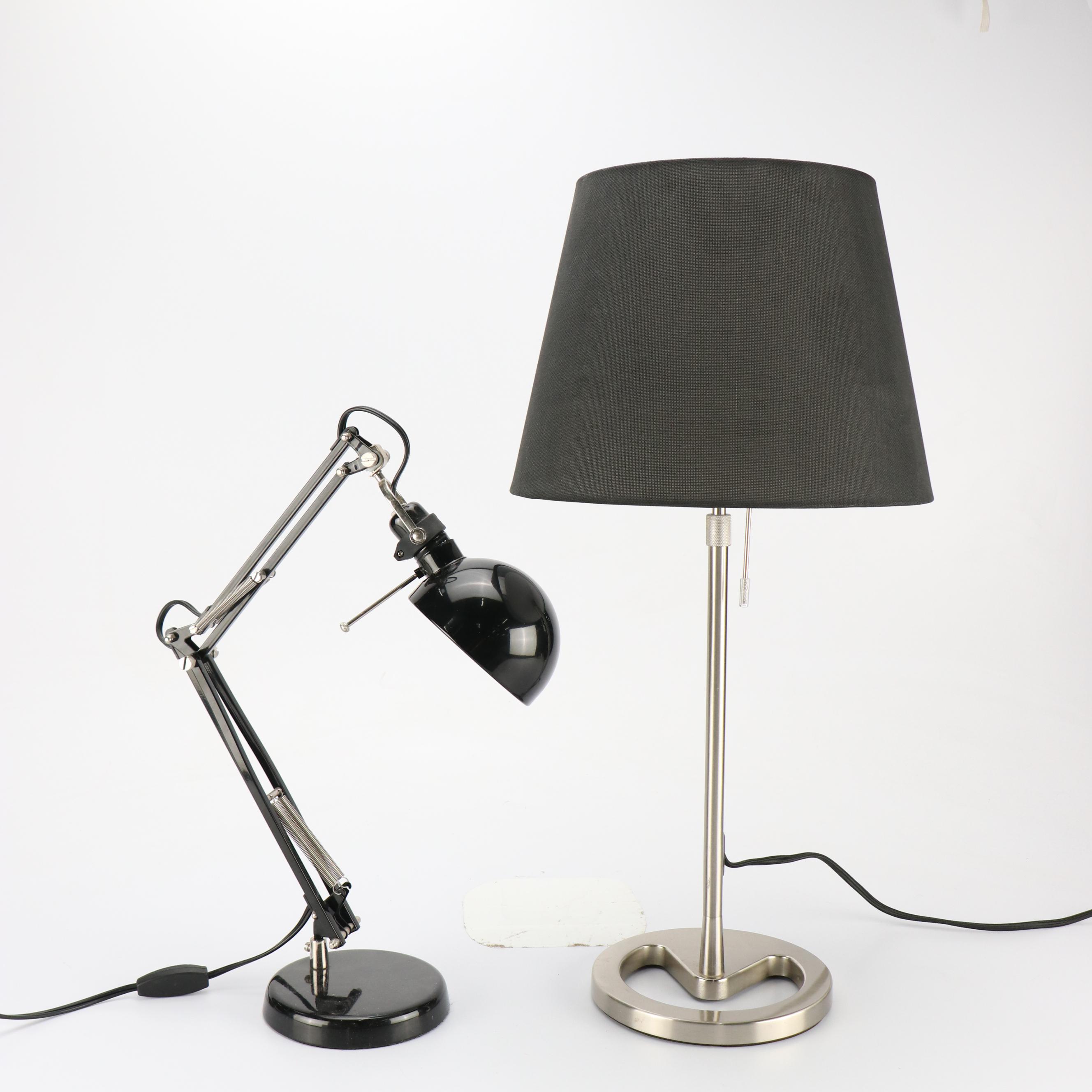 IKEA Forså Black Enamel Desk Lamp, IKEA Nyfors Brushed Stainless Table Lamp