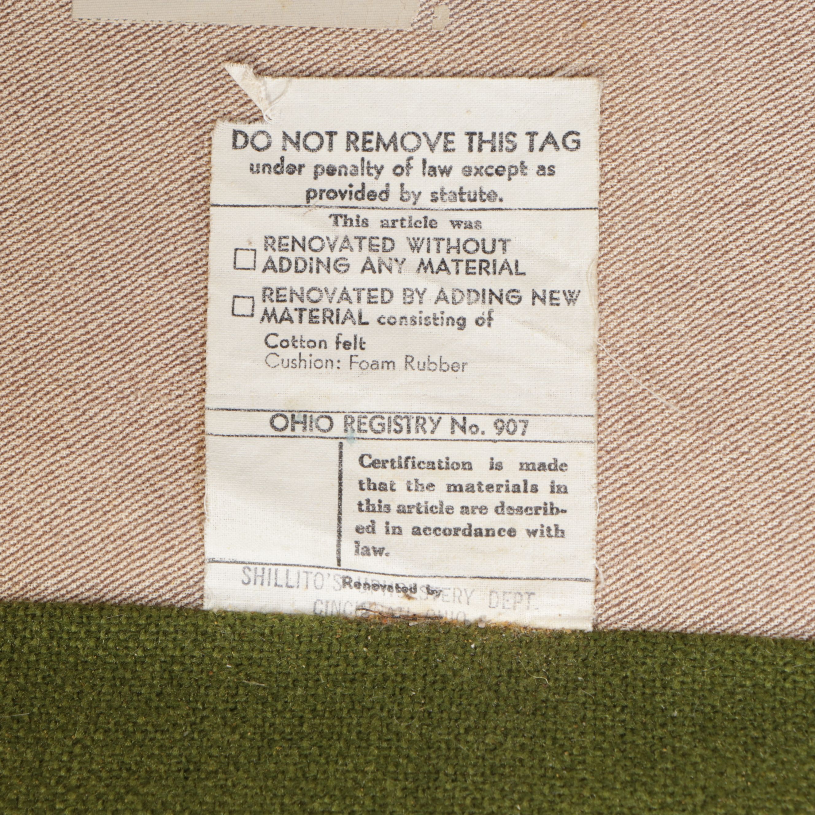 Shillito's Upholstery Dept. Green Mid Century Modern Sofa