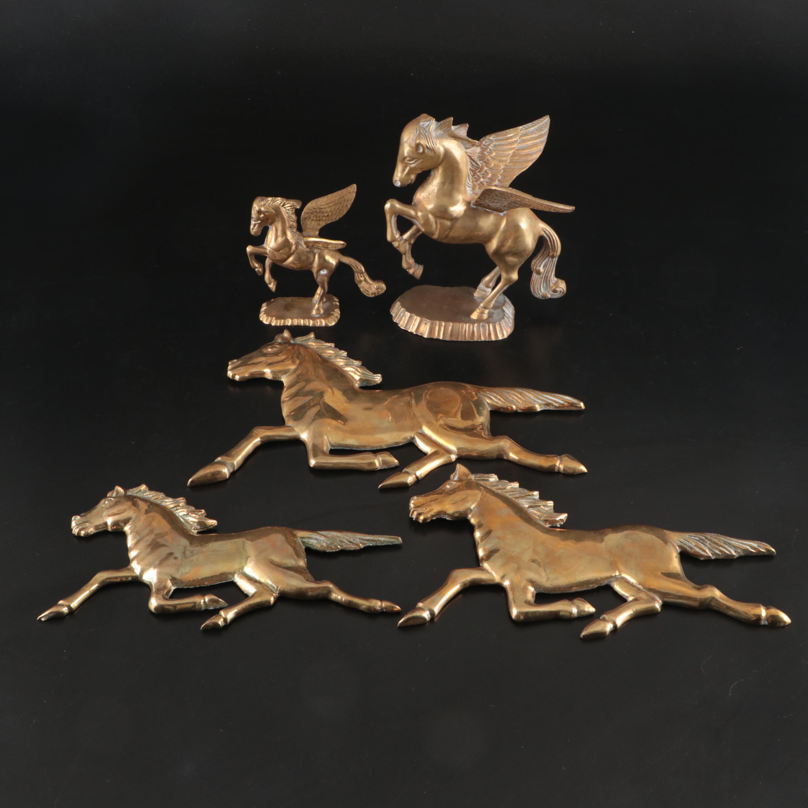 Three Brass Running Horses Wall Décor with Pegasus Figures