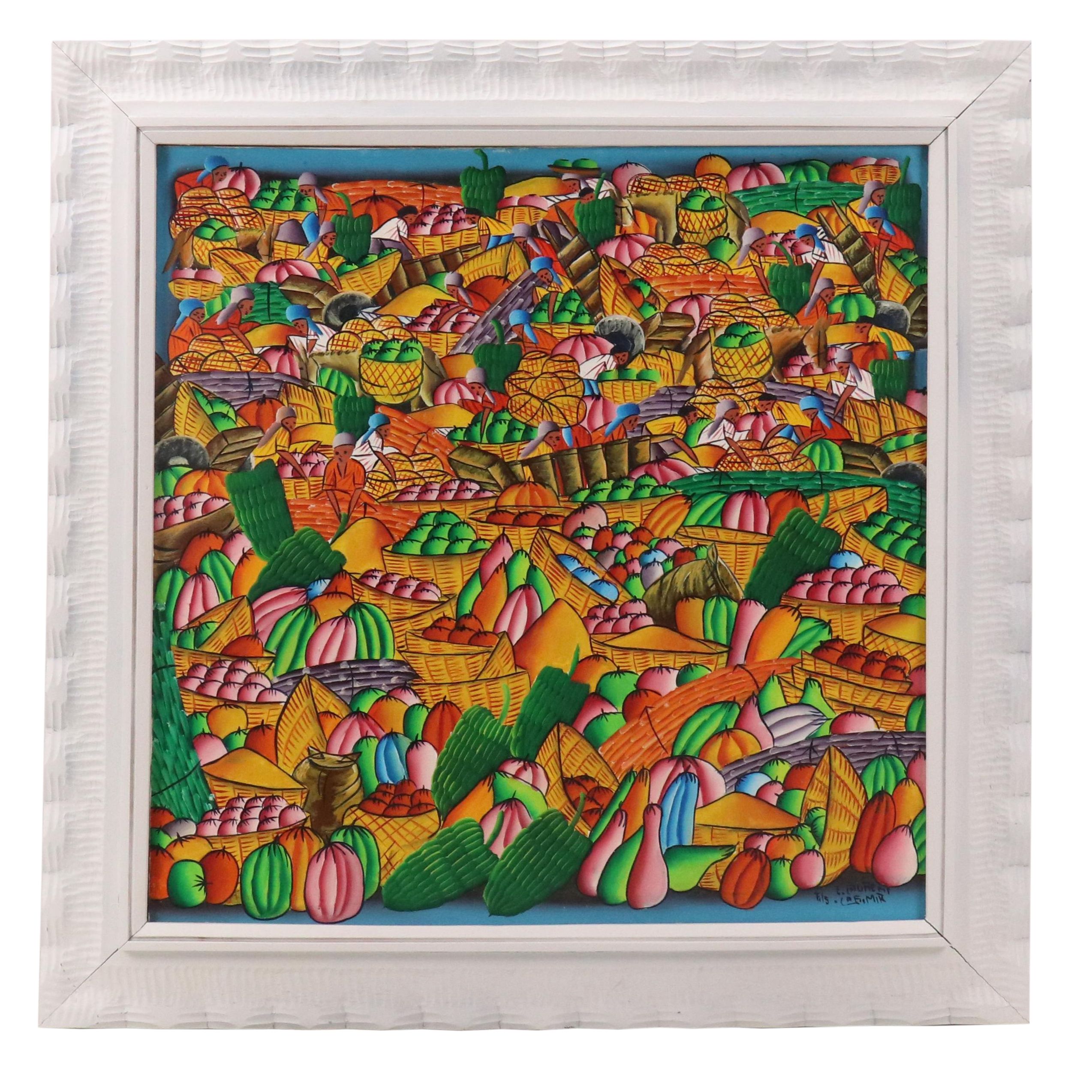 Laurent Casimir Studio Haitian Folk Art Oil Painting of Fruit Market, 20th C.