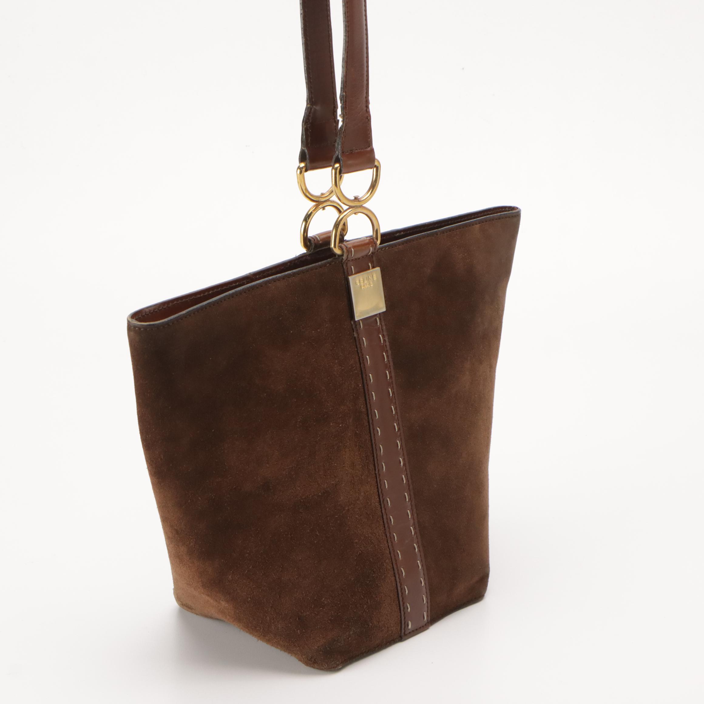 Celine Bucket Style Crossbody Bag in Dark Brown Suede and Leather Trim