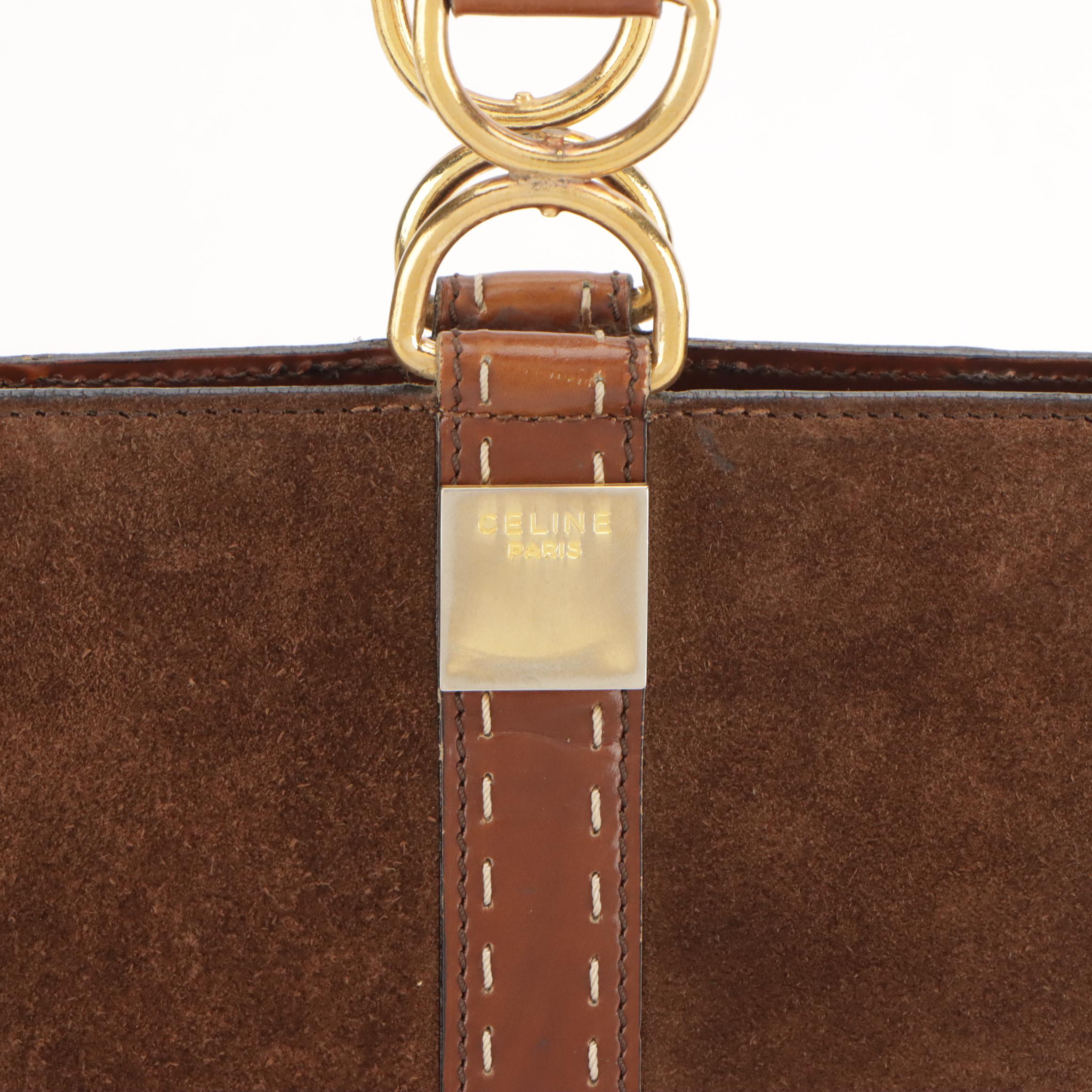 Celine Bucket Style Crossbody Bag in Dark Brown Suede and Leather Trim