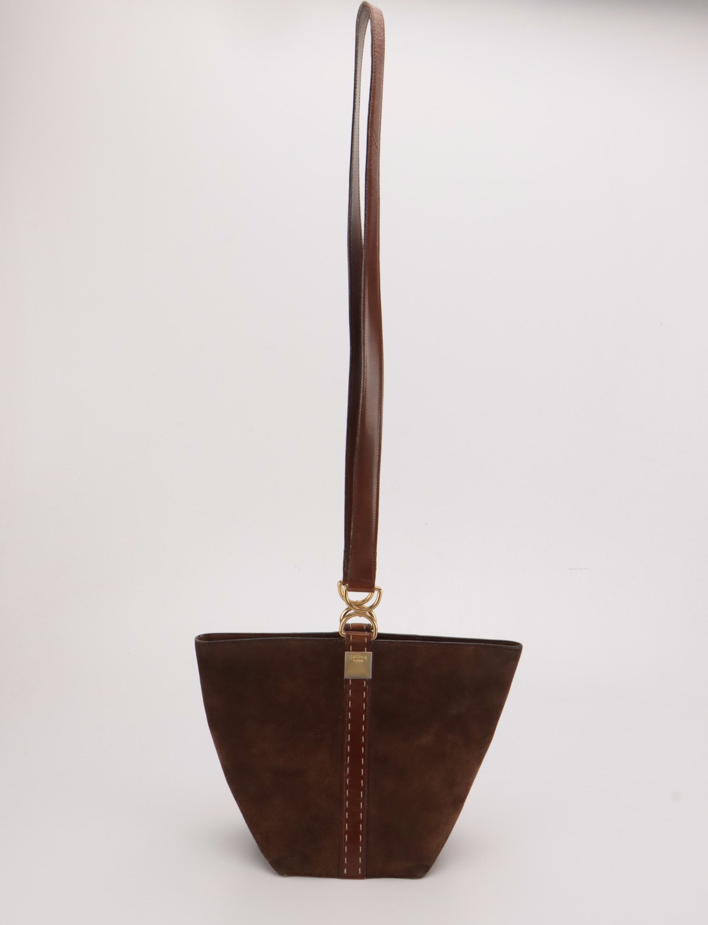 Celine Bucket Style Crossbody Bag in Dark Brown Suede and Leather Trim