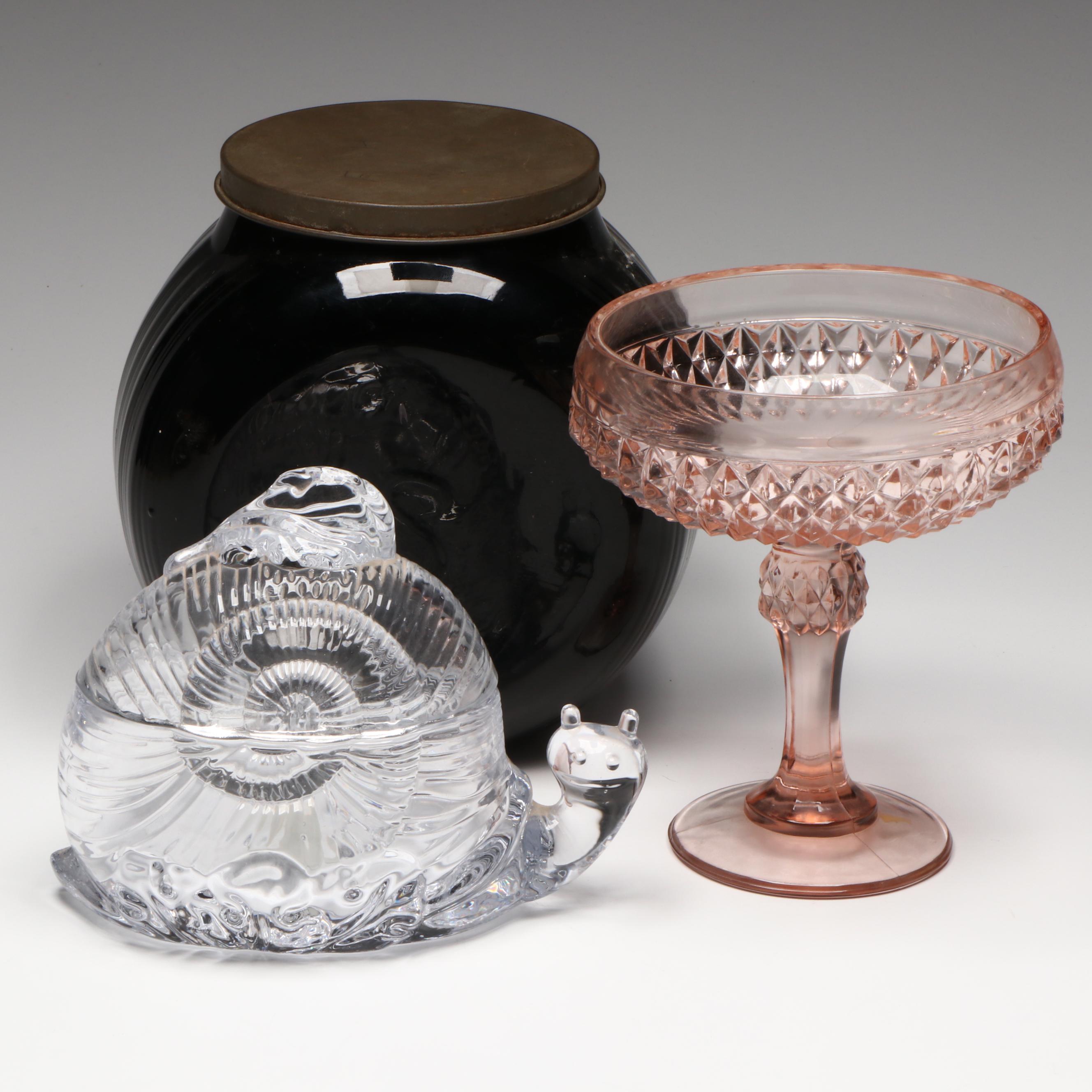 Shannon Crystal Snail Lidded Candy Dish and Indiana Glass Compote with Other