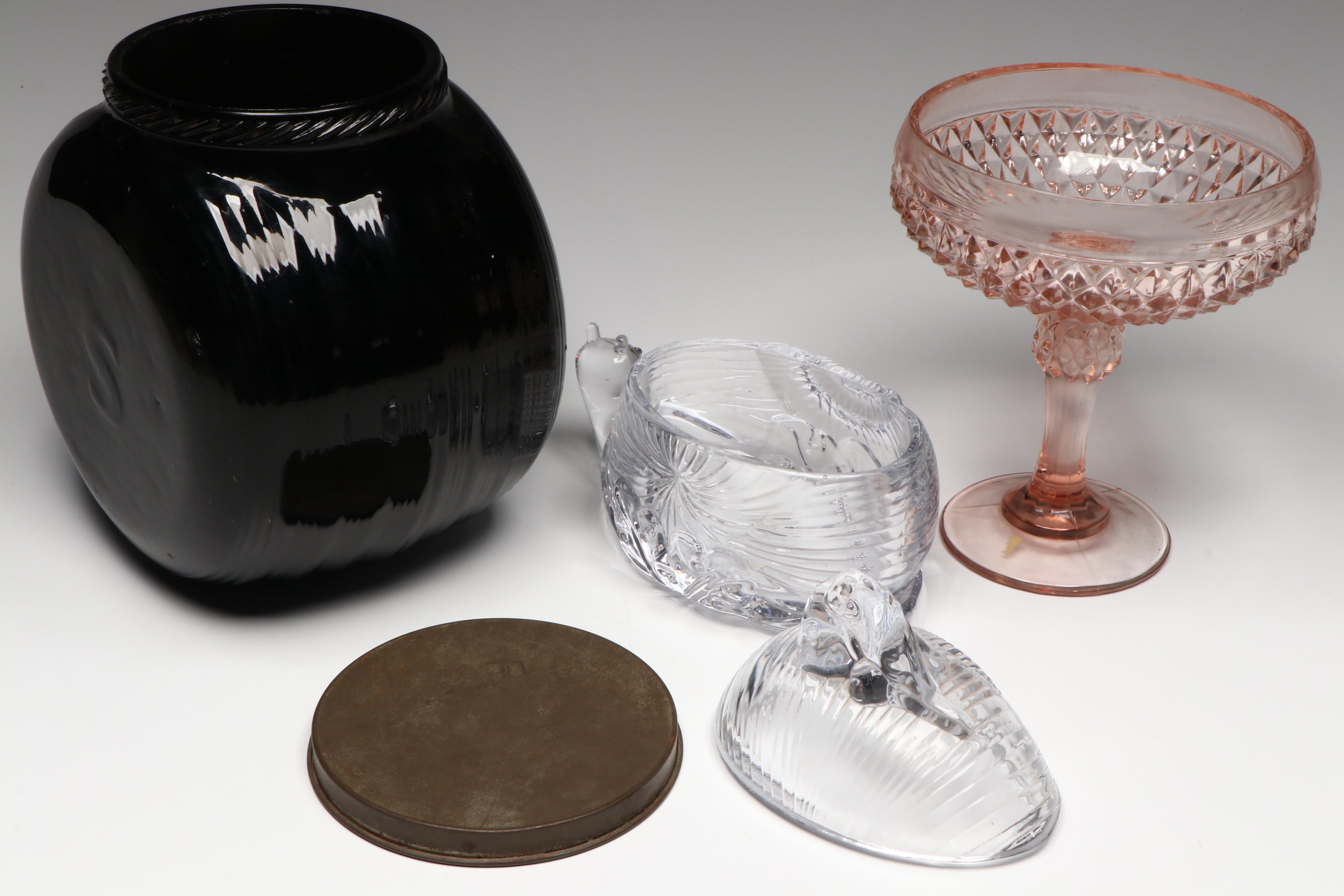 Shannon Crystal Snail Lidded Candy Dish and Indiana Glass Compote with Other