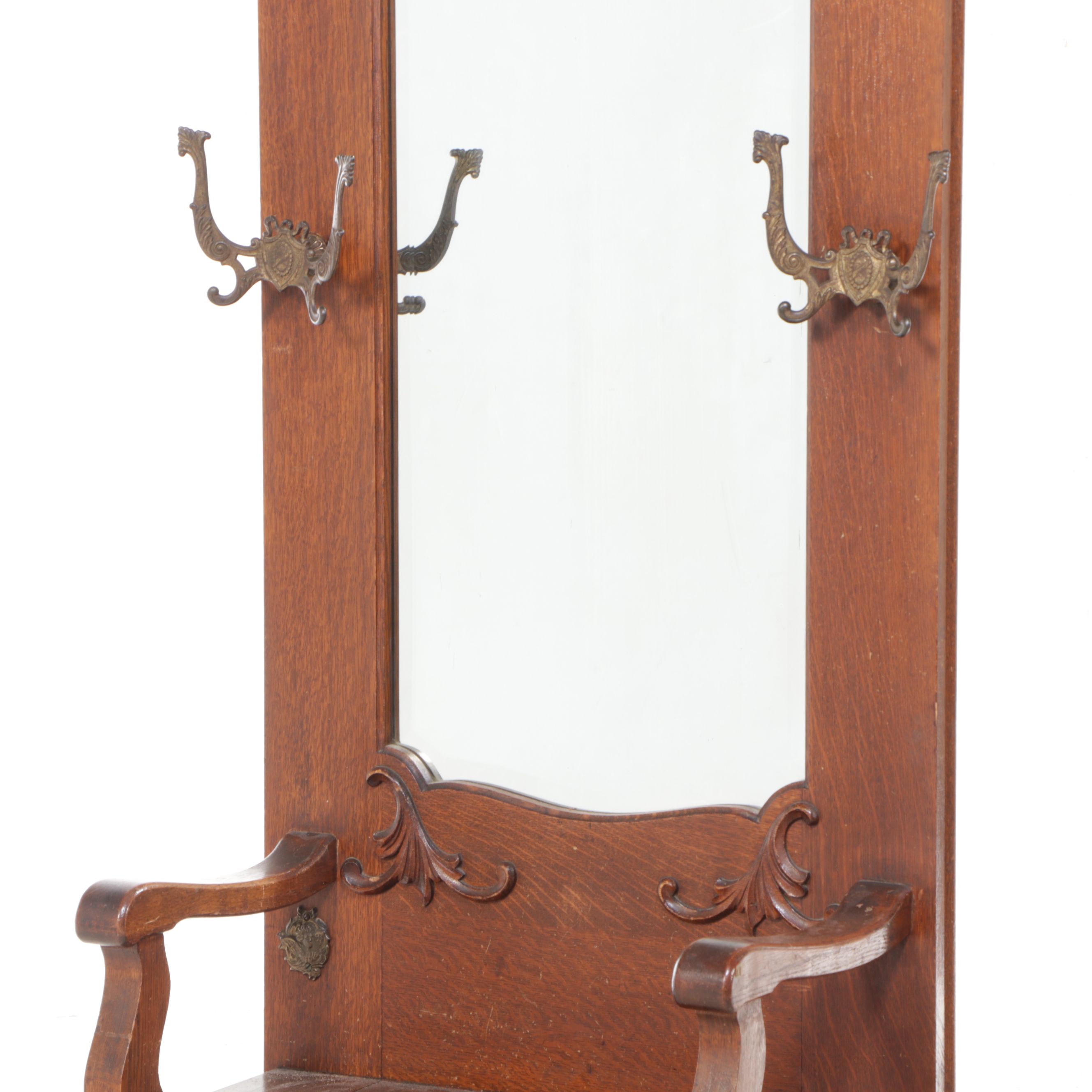 Victorian Carved Oak Hall Bench with Mirror, 19th Century
