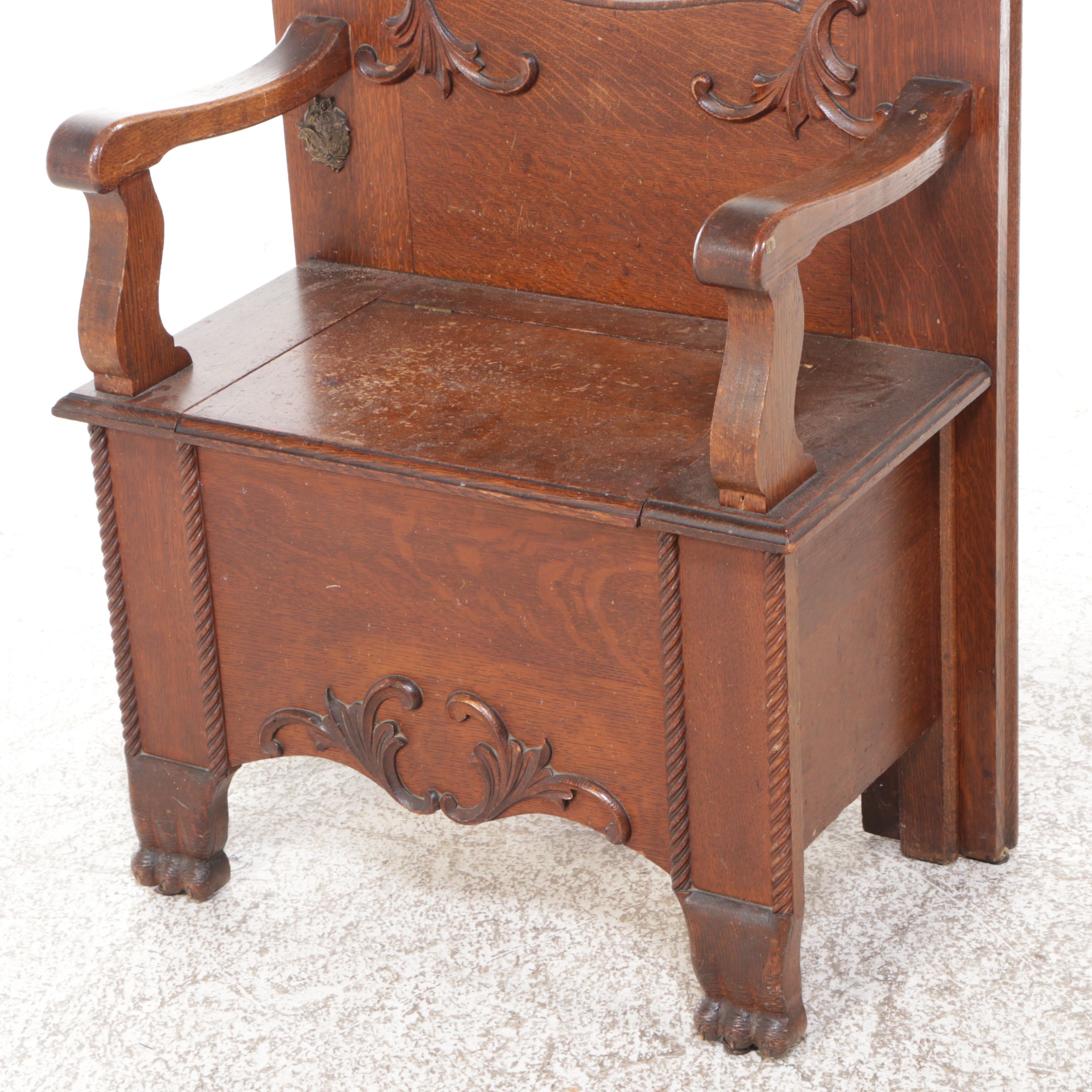 Victorian Carved Oak Hall Bench with Mirror, 19th Century
