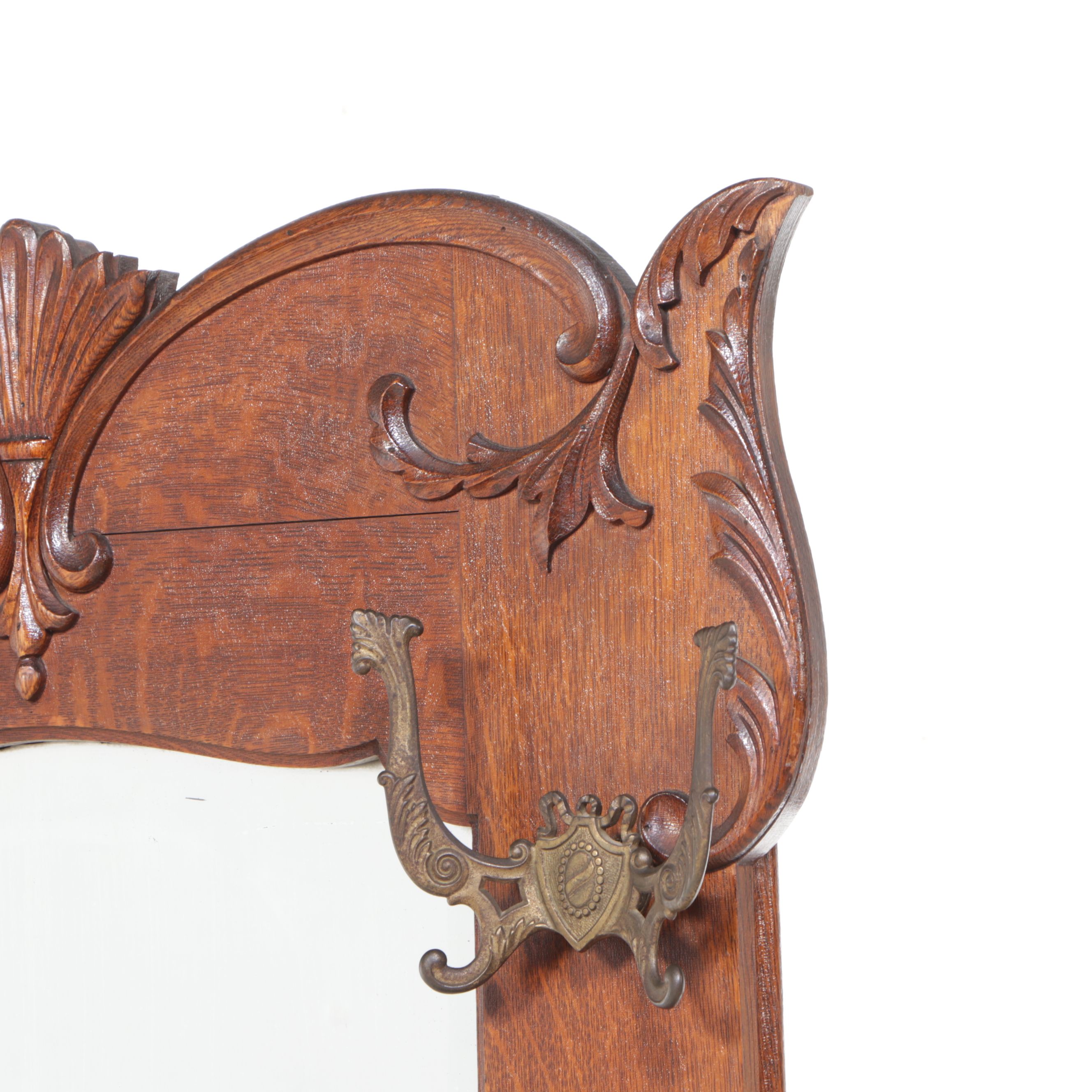 Victorian Carved Oak Hall Bench with Mirror, 19th Century