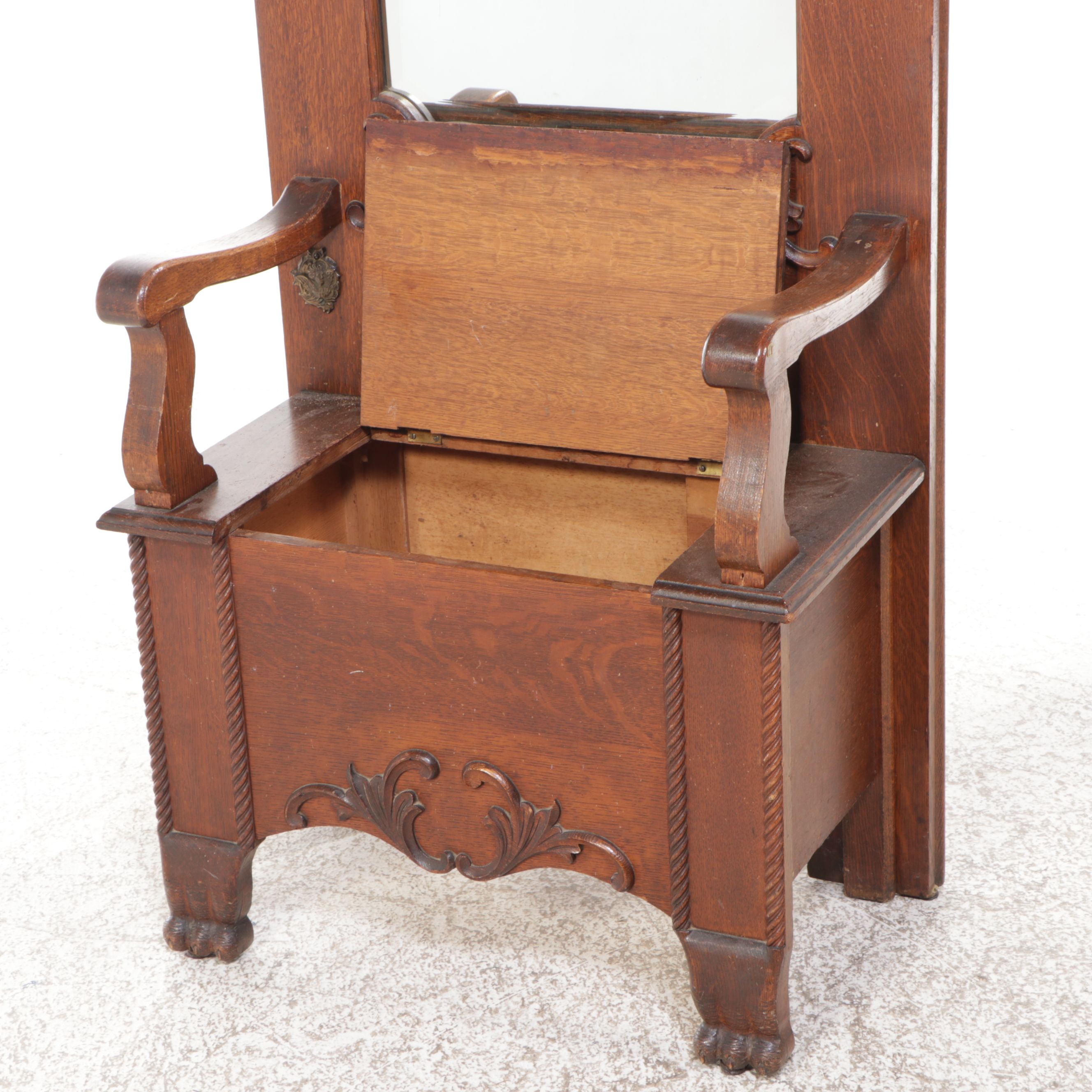 Victorian Carved Oak Hall Bench with Mirror, 19th Century