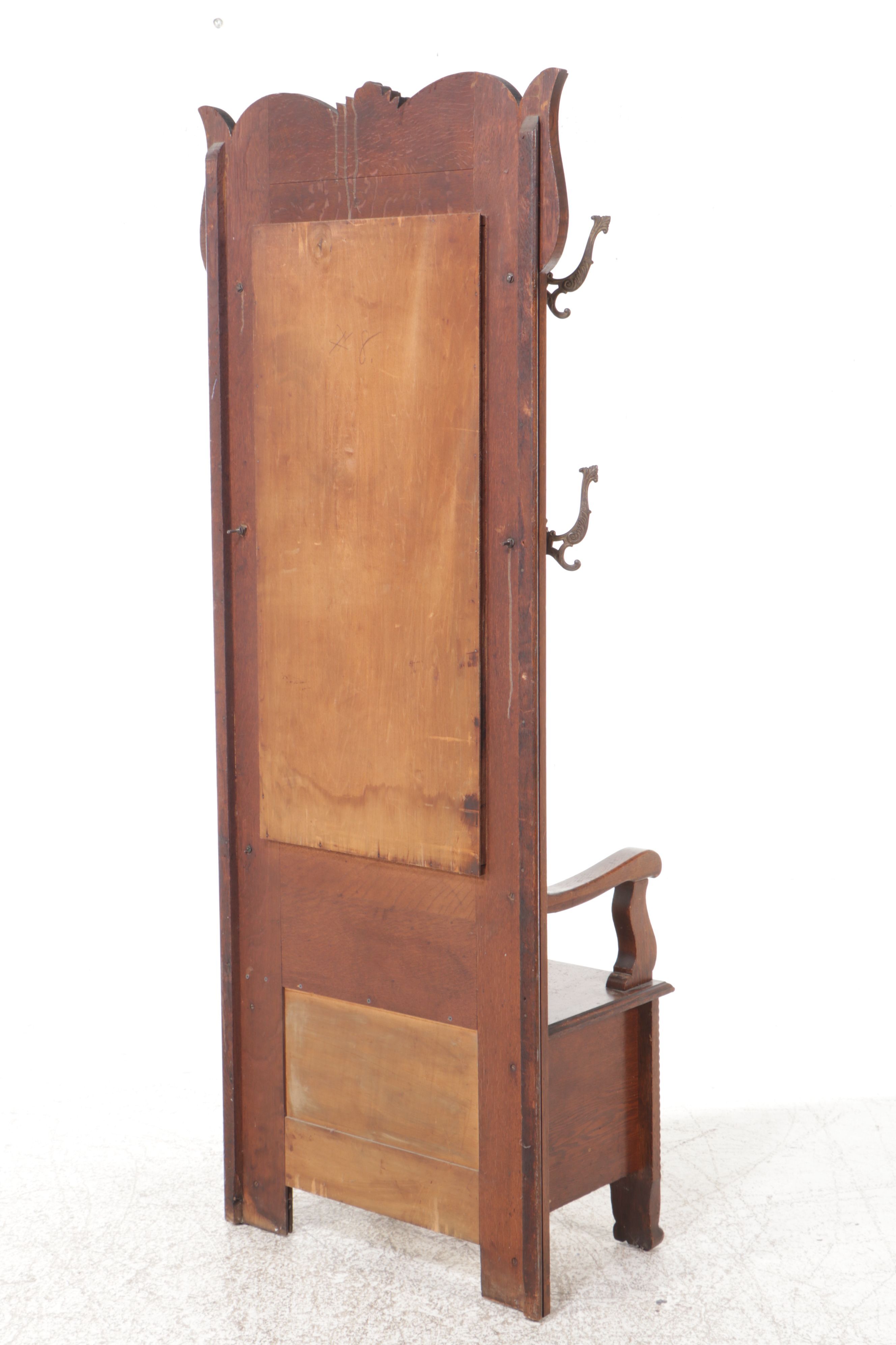 Victorian Carved Oak Hall Bench with Mirror, 19th Century