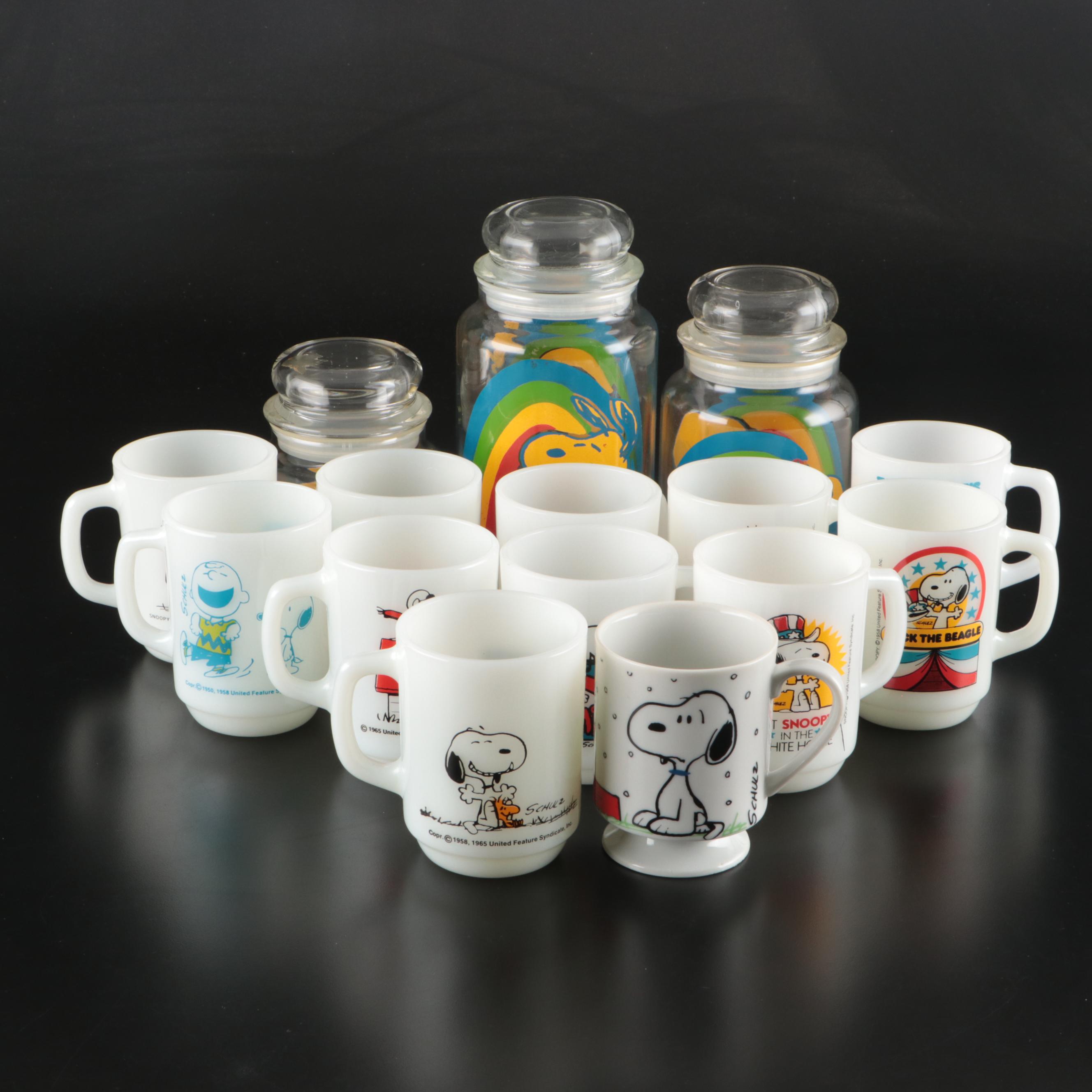 Anchor Hocking with Other Snoopy Milk Glass Mugs and Glass Jars