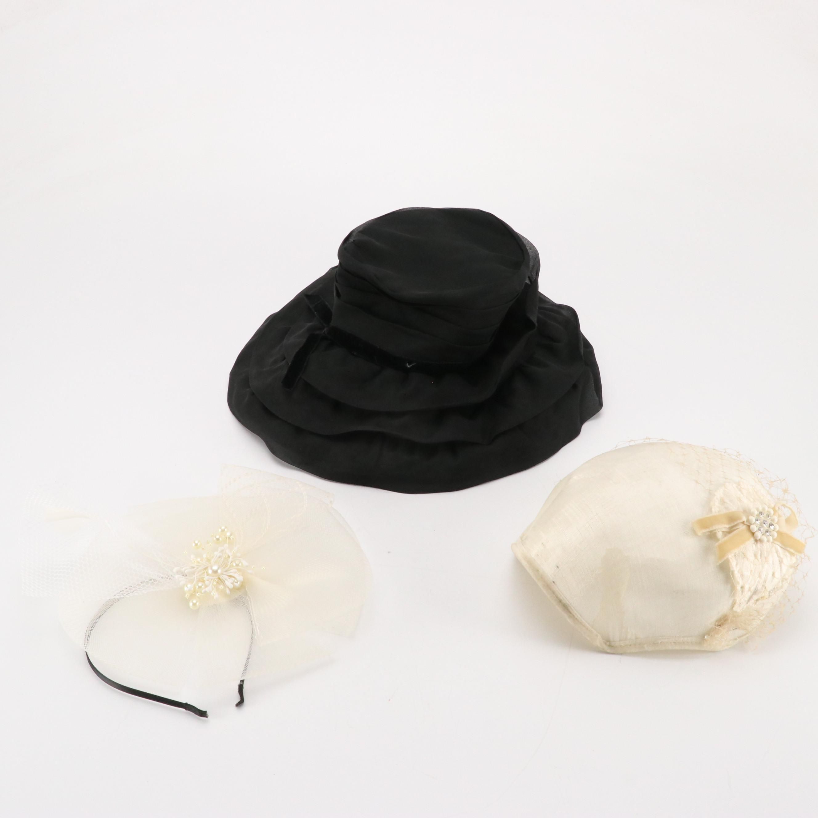 Vintage Ruffle-Tiered Hat, Embellished Headband Headpiece & Other Hat, With Box