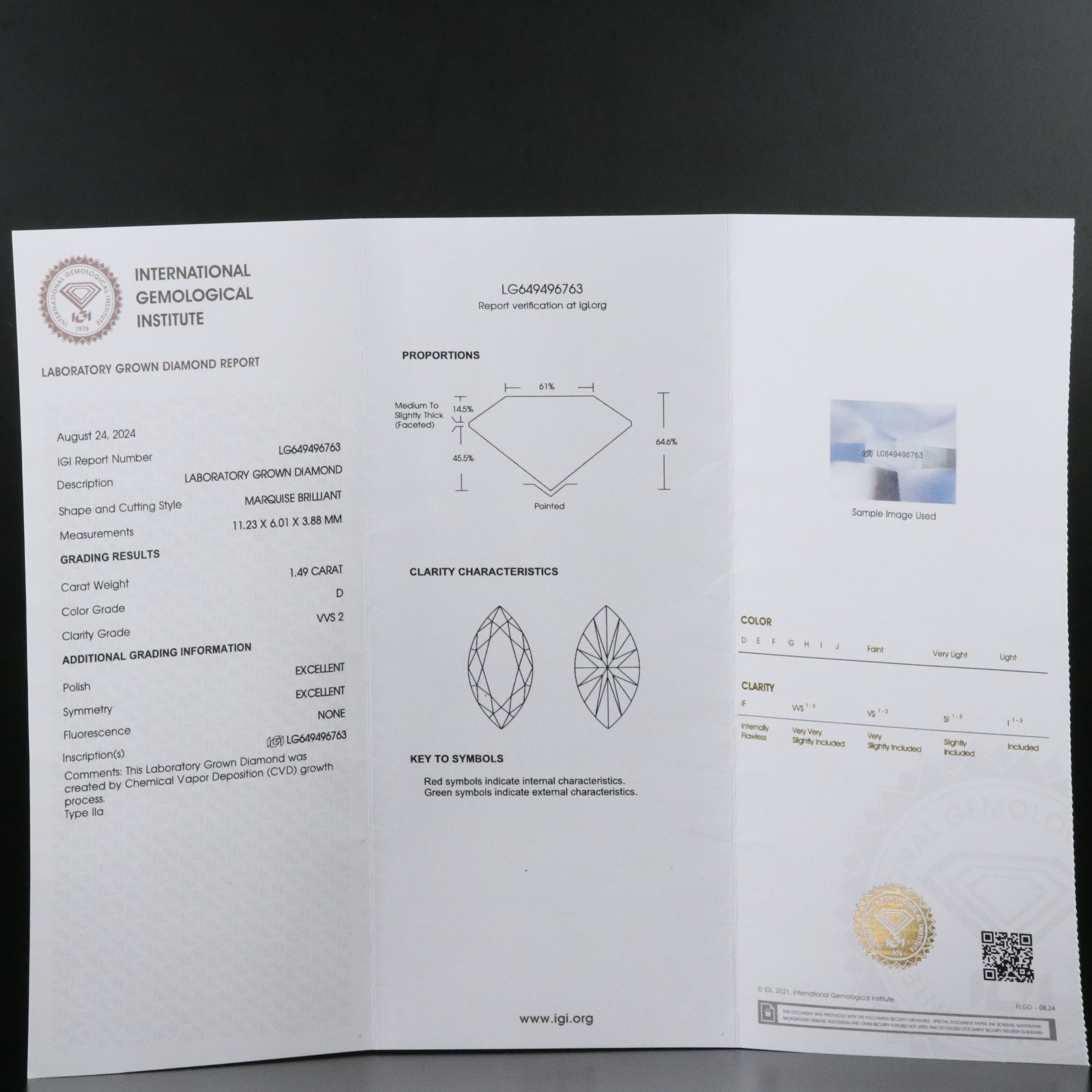 Loose 1.49 CT Lab Grown Diamond with IGI Report