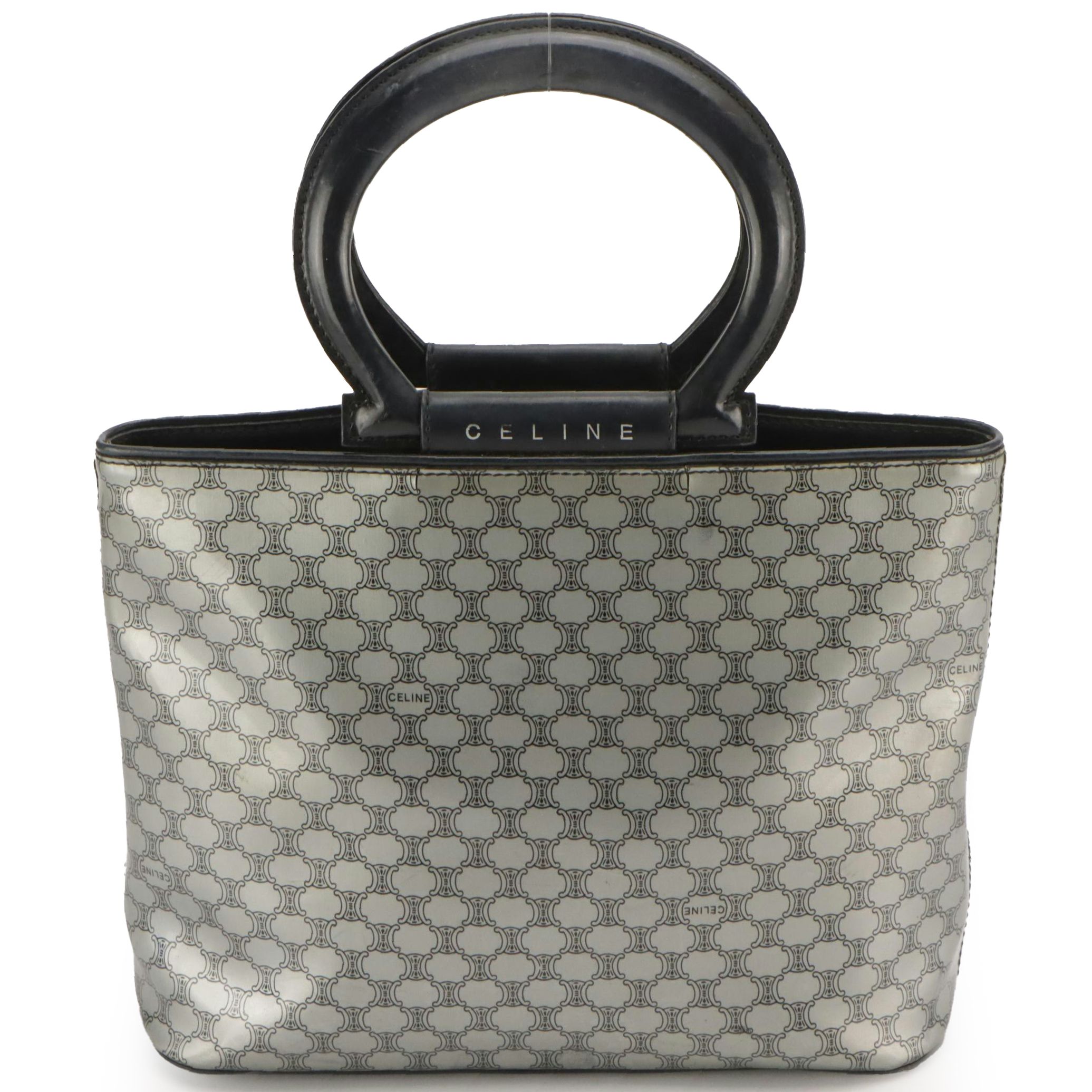 Celine Top Handle Bag in Silver Macadam Vinyl and Patent Leather