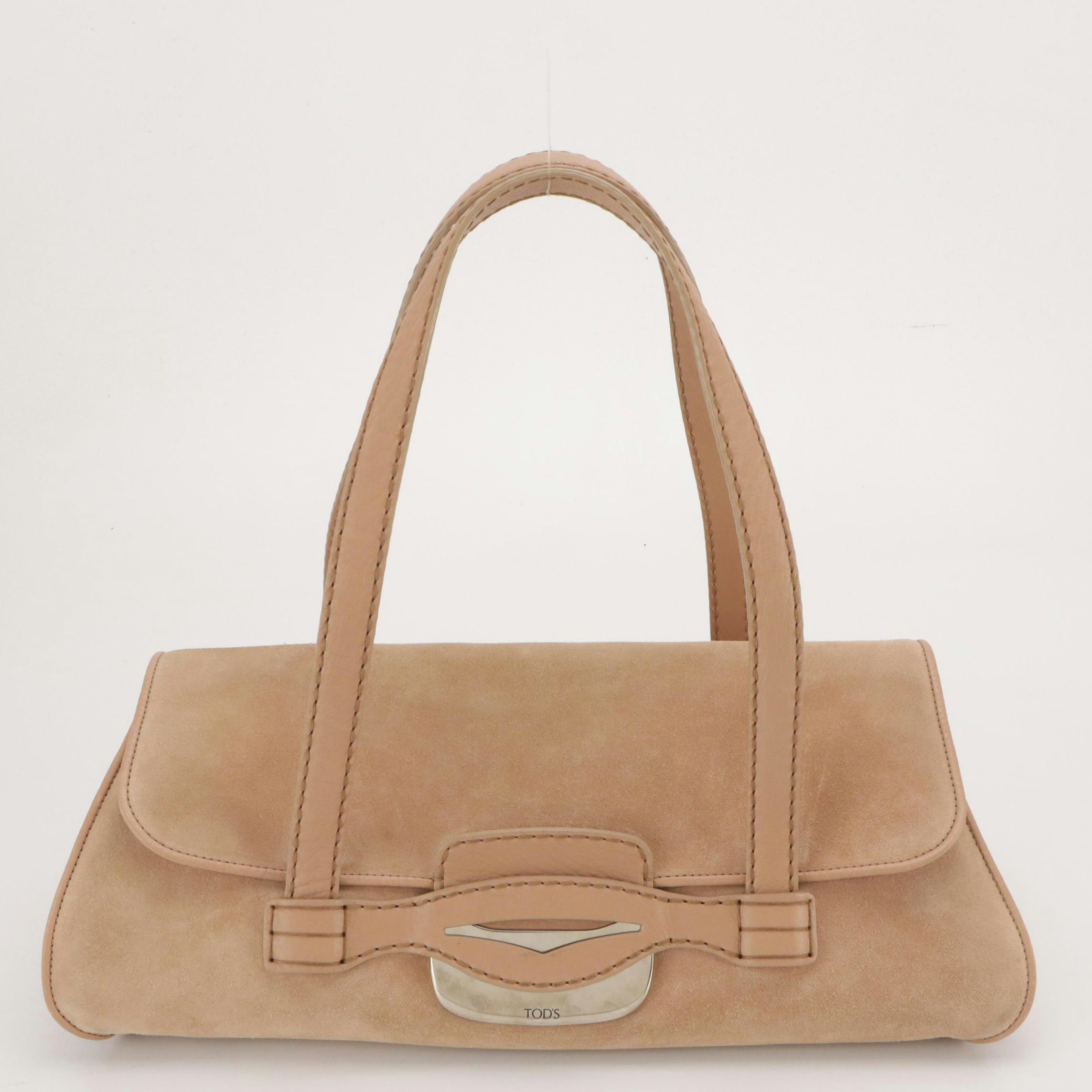 Tod's "Fold-in-Flap" Shoulder Bag in Beige Blush Suede and Leather Trim