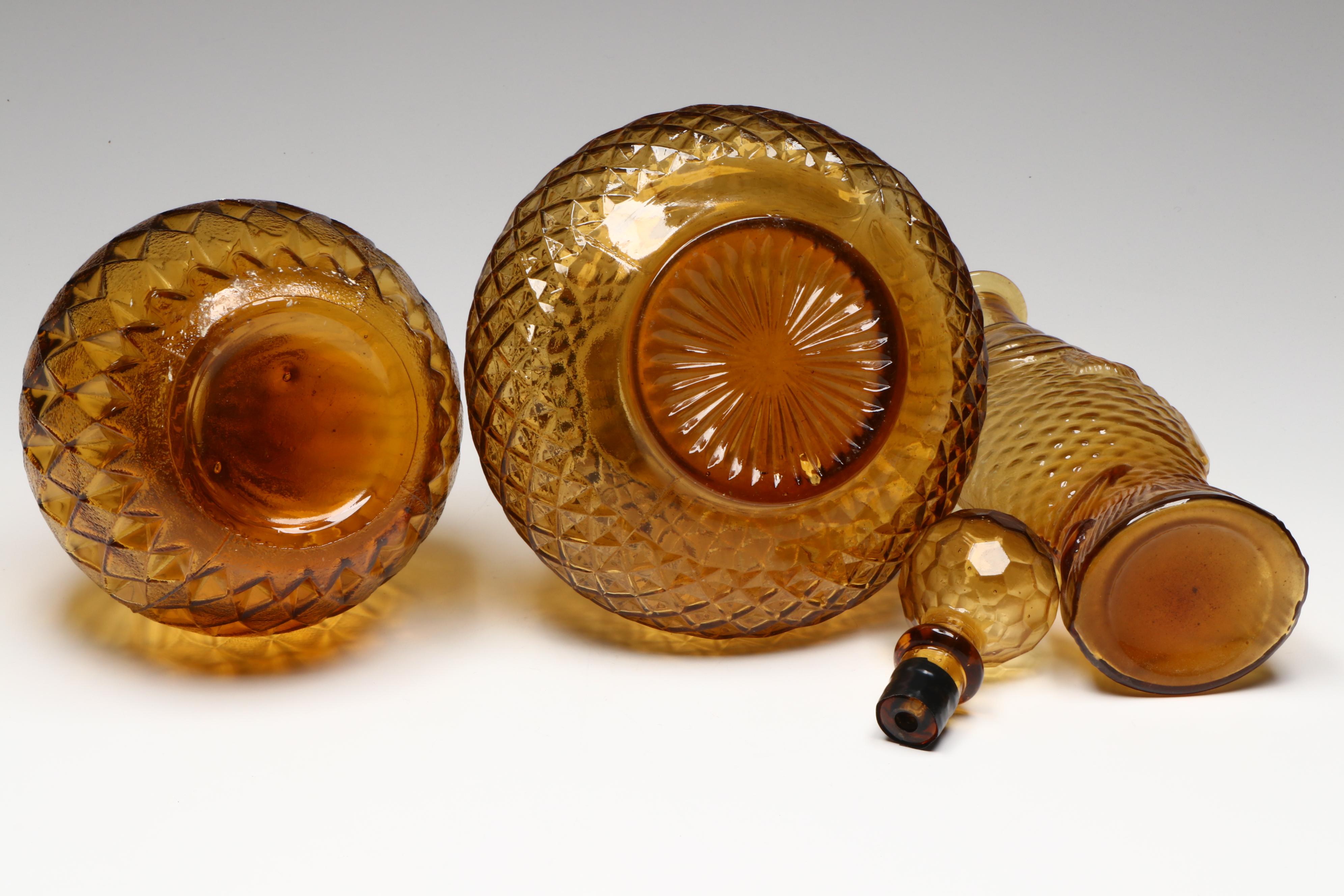 Mid Century Modern Diamond Cut Amber Glass Decanters with Others
