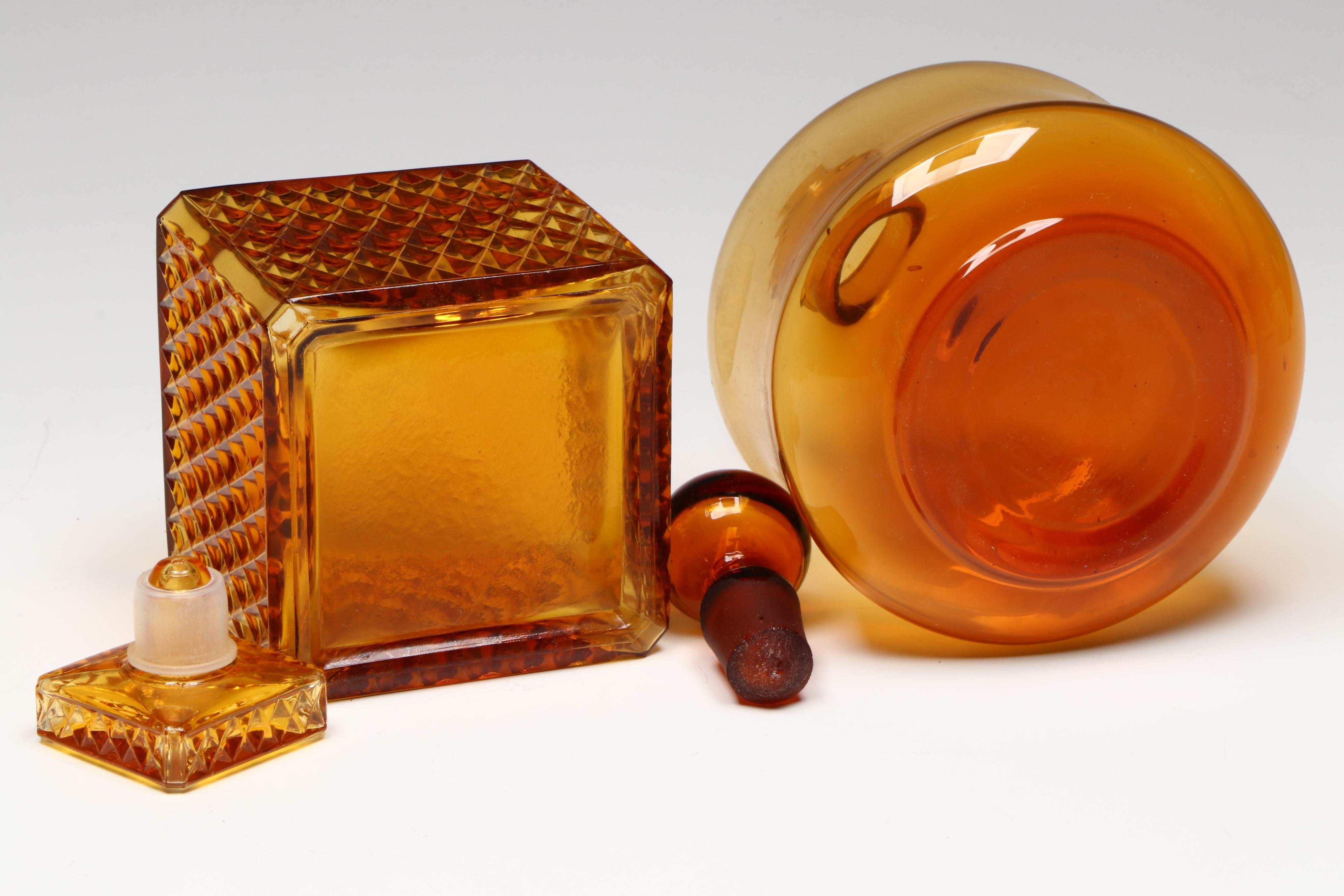 Mid Century Modern Diamond Cut Amber Glass Decanters with Others