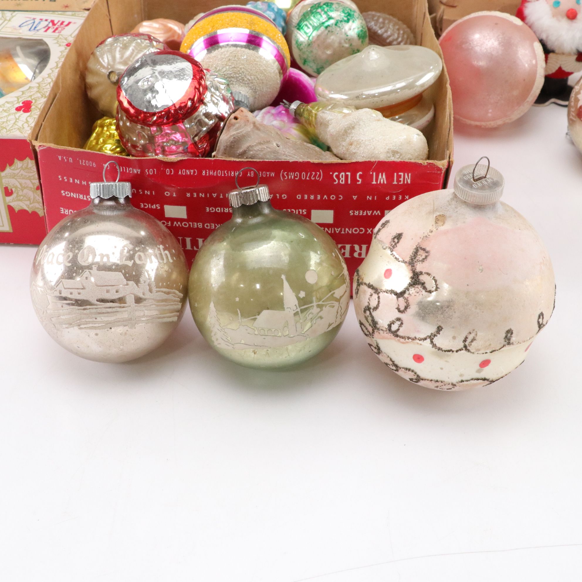 West German and Shiny Brite Hand-Blown Glass Ornaments, Mid-Late 20th C.