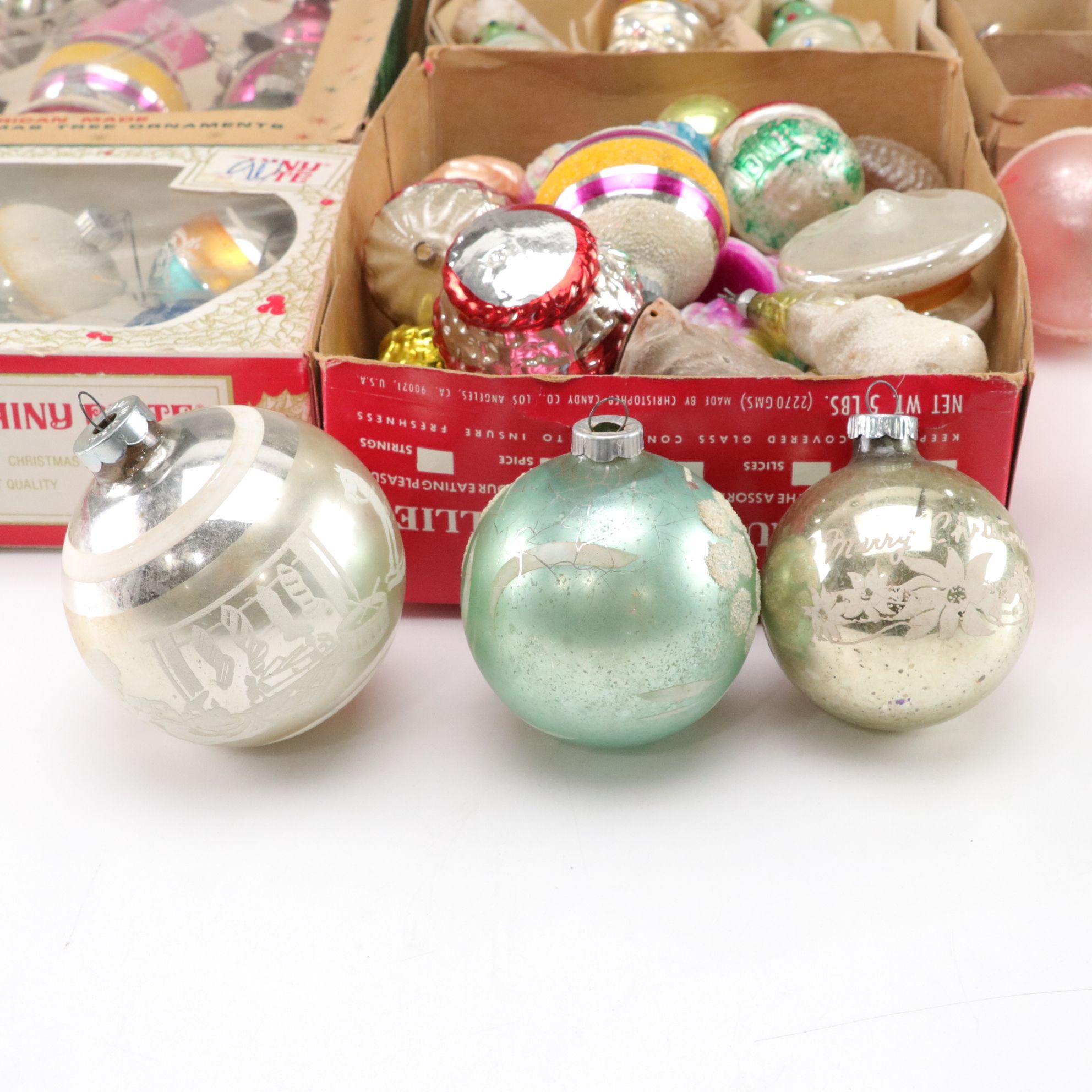 West German and Shiny Brite Hand-Blown Glass Ornaments, Mid-Late 20th C.