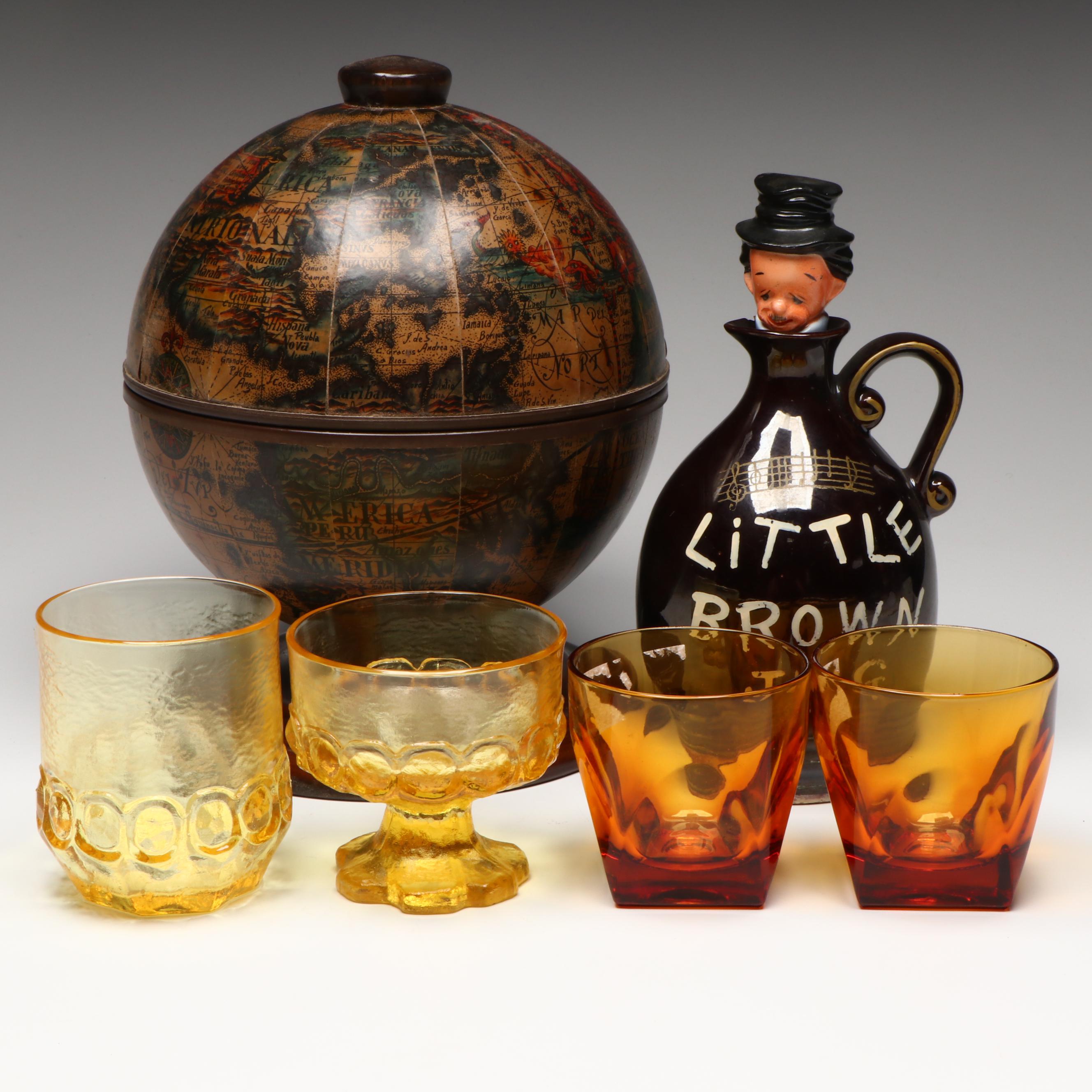 Italian World Globe Plastic Ice Bucket and Other Ceramic Music Box and Glassware