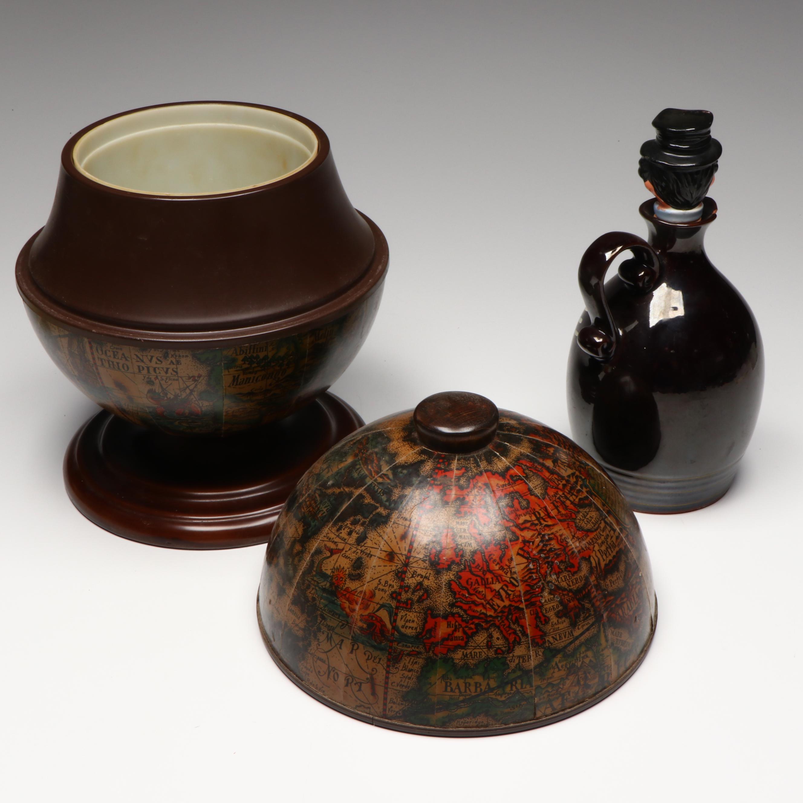 Italian World Globe Plastic Ice Bucket and Other Ceramic Music Box and Glassware