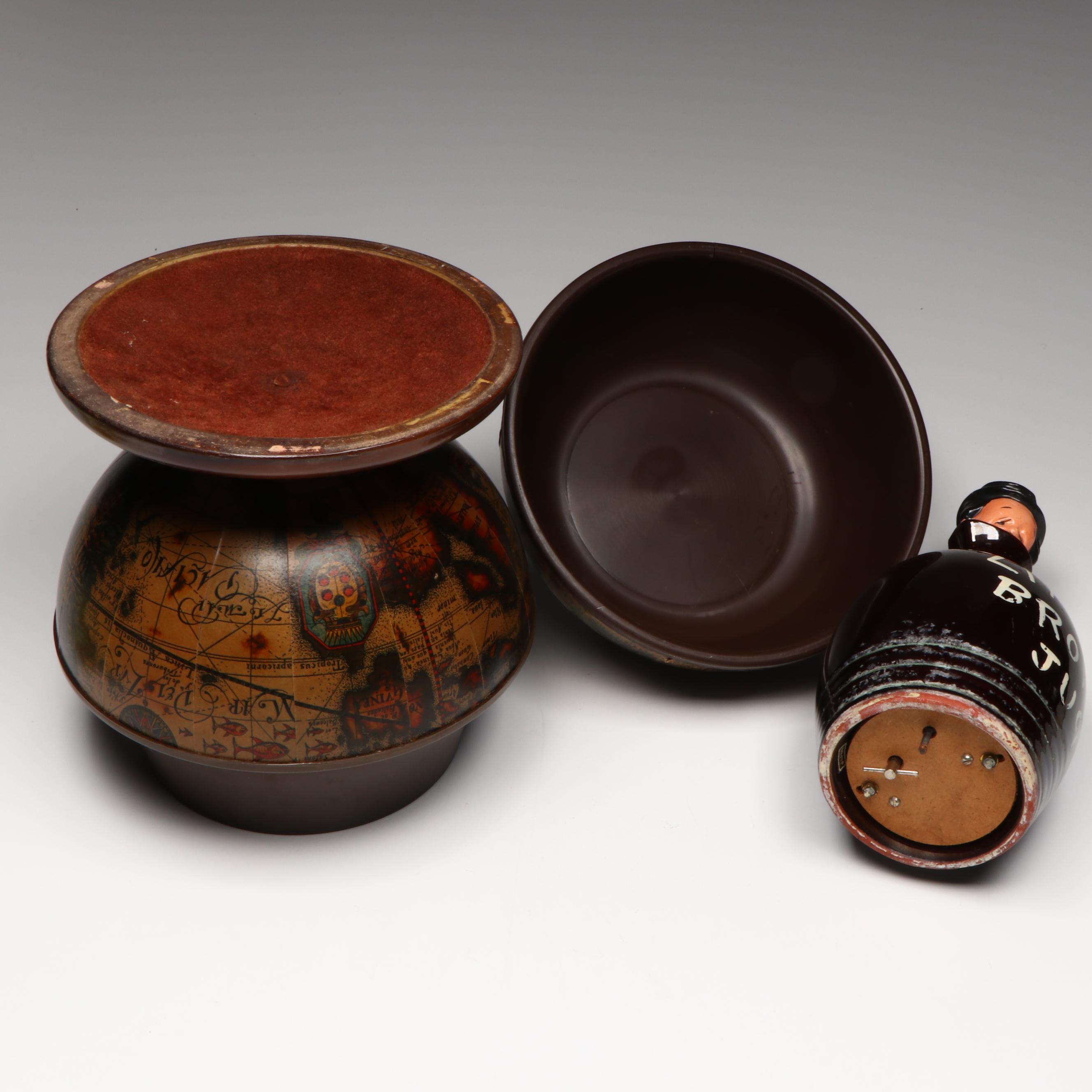 Italian World Globe Plastic Ice Bucket and Other Ceramic Music Box and Glassware