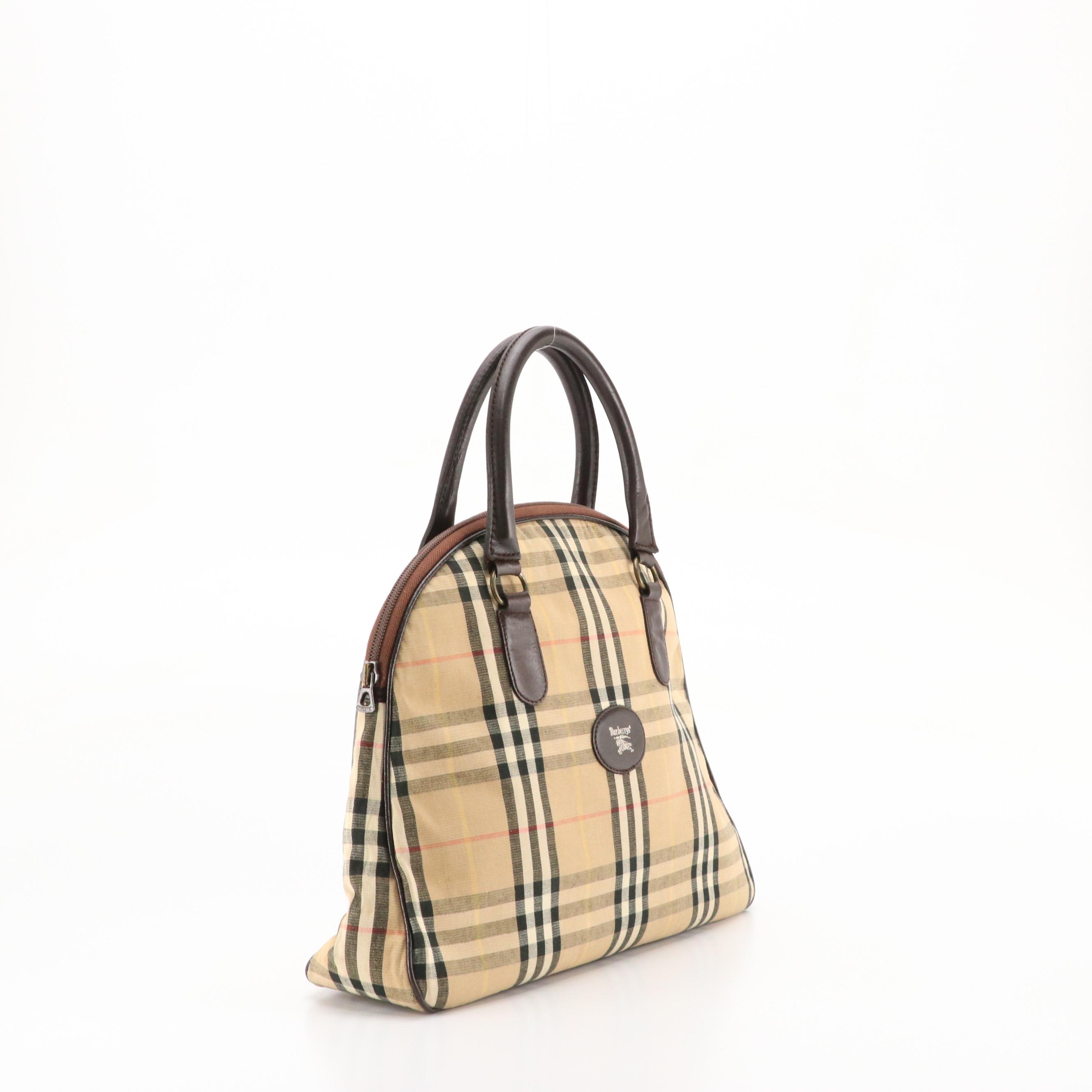 Burberrys Vintage Domed Zip Handbag in House Check Canvas and Brown Leather Trim