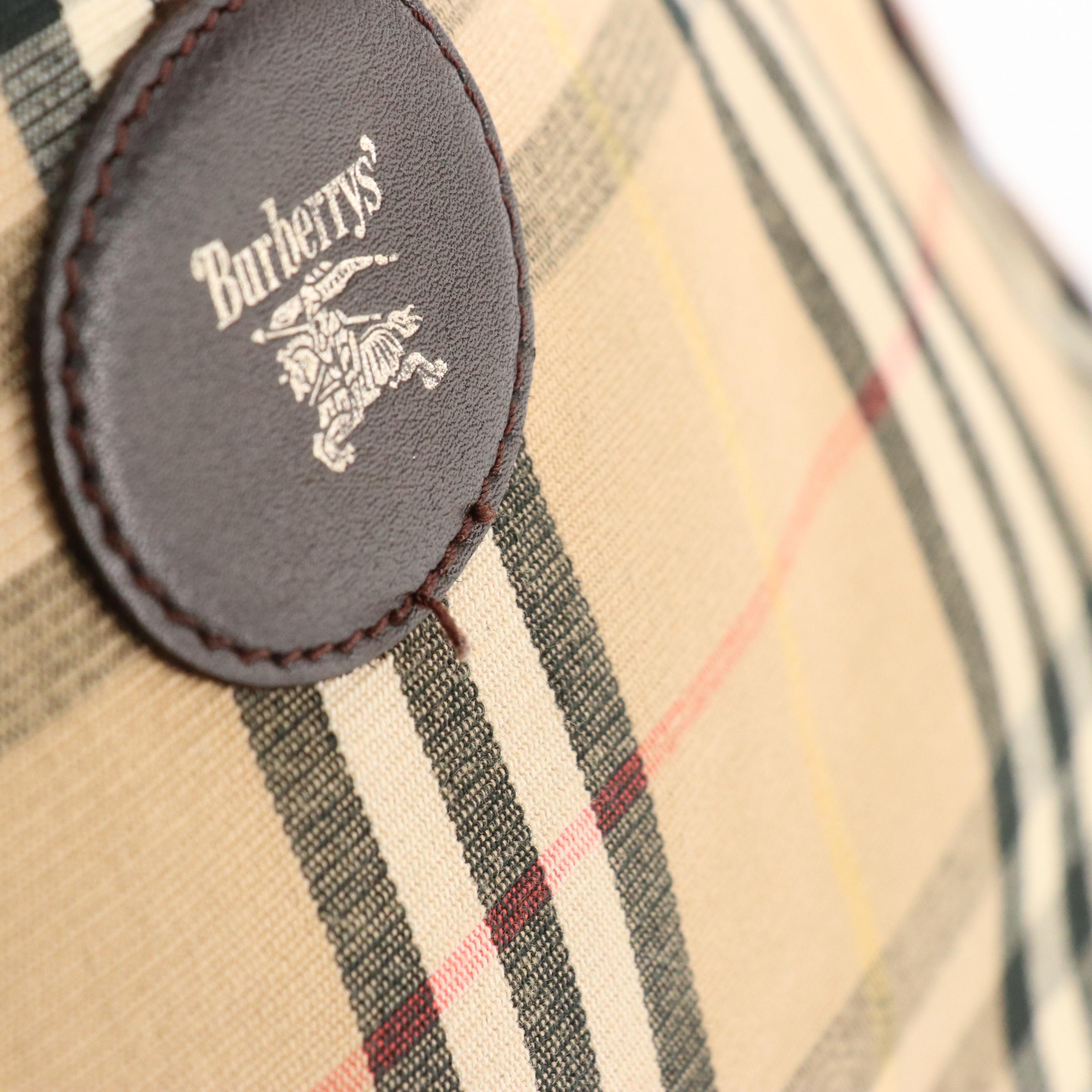 Burberrys Vintage Domed Zip Handbag in House Check Canvas and Brown Leather Trim