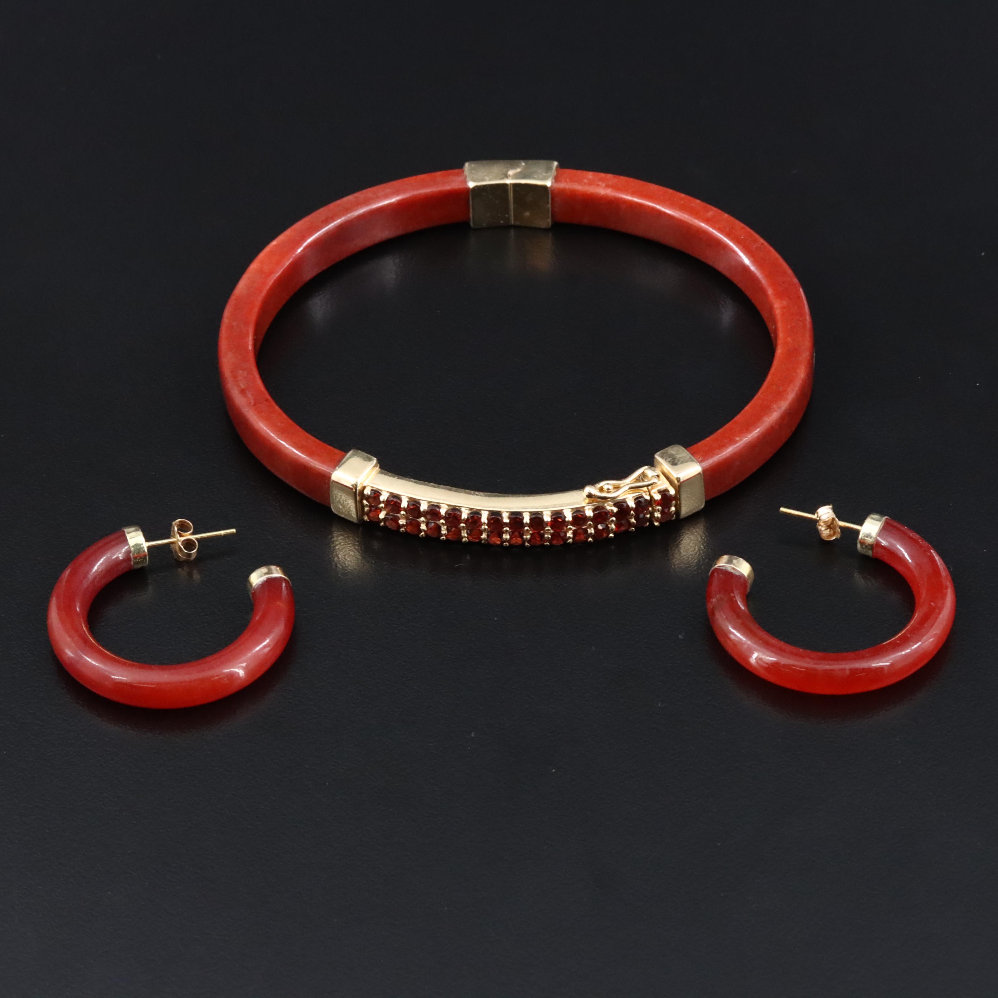 14K Garnet and Jadeite Bracelet and Earrings