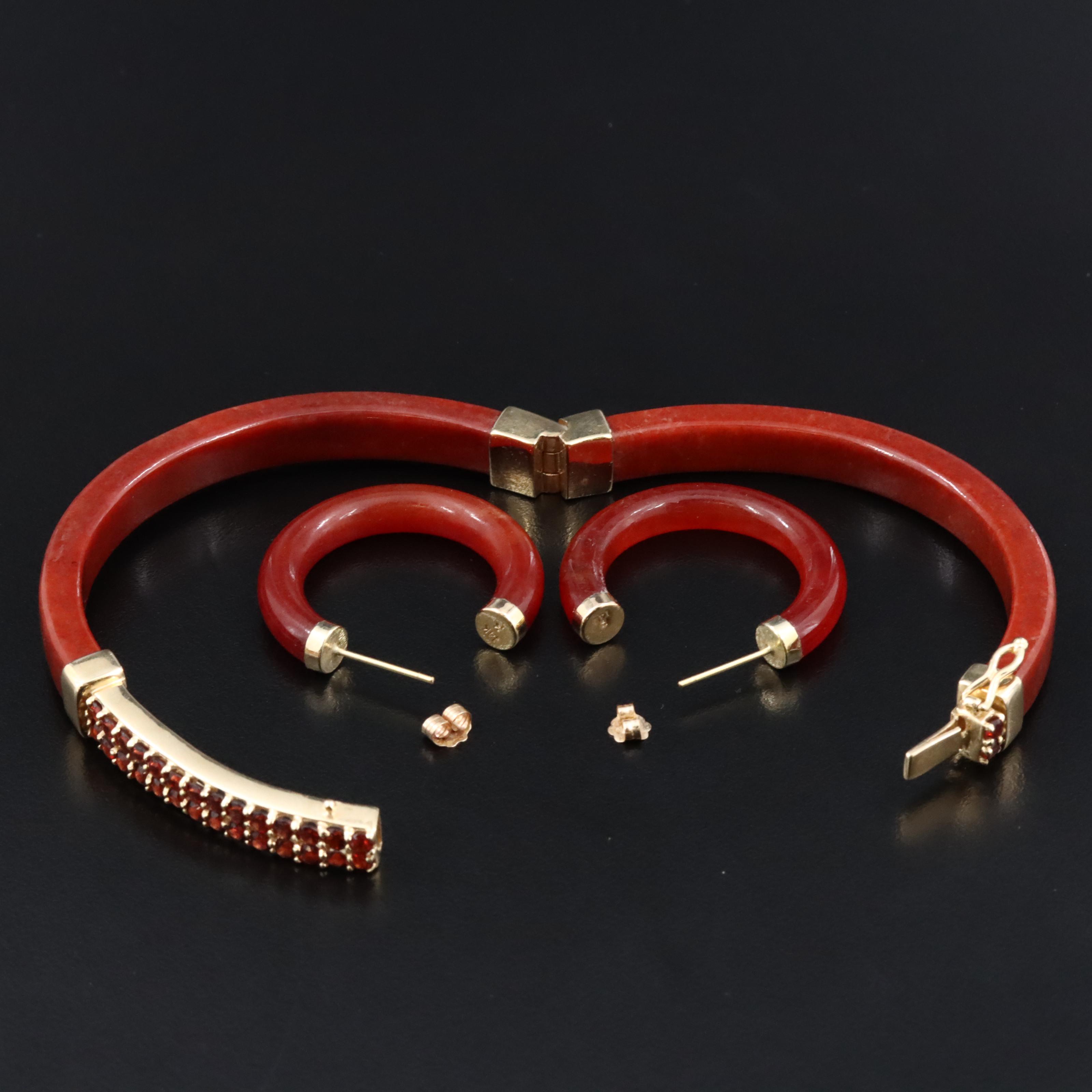 14K Garnet and Jadeite Bracelet and Earrings