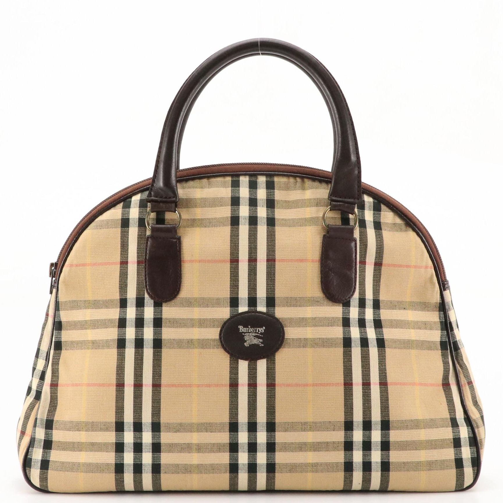 Burberrys Vintage Domed Zip Handbag in House Check Canvas and Brown Leather Trim