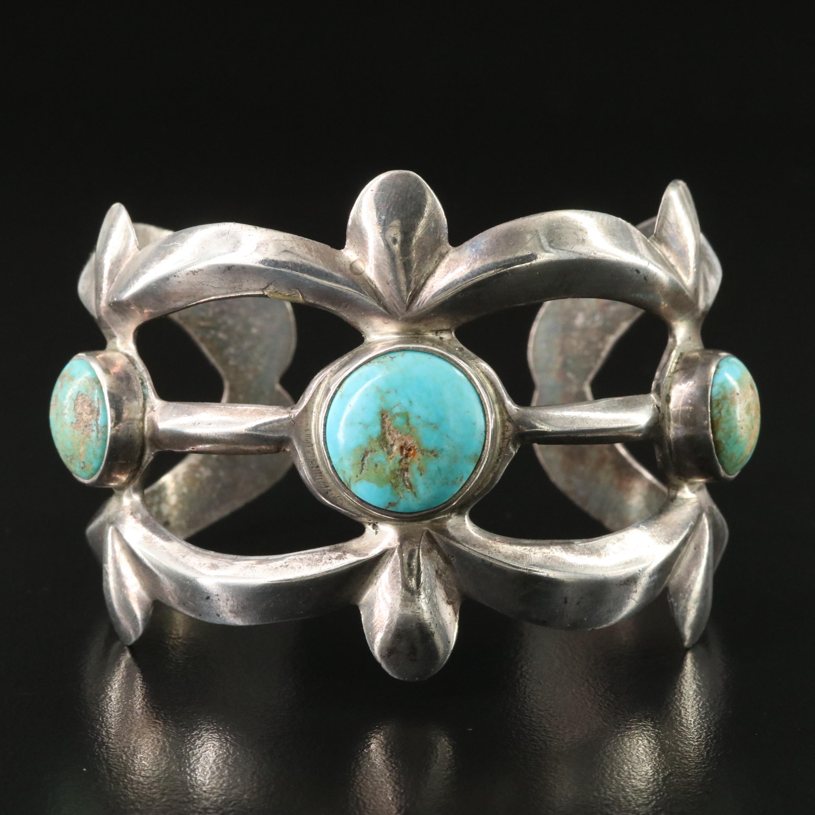 Southwestern Sterling Sand Cast Turquoise Cuff Bracelet