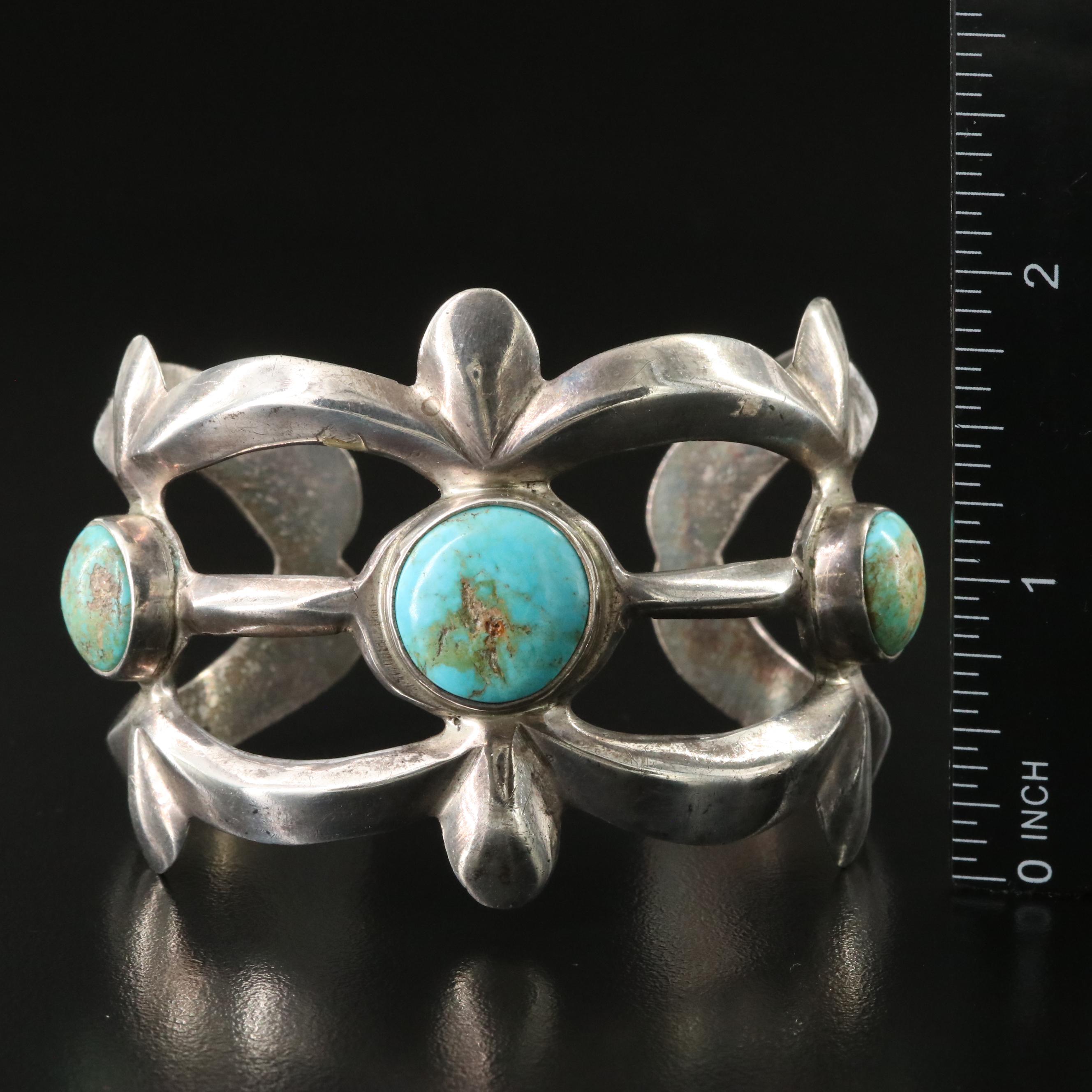 Southwestern Sterling Sand Cast Turquoise Cuff Bracelet