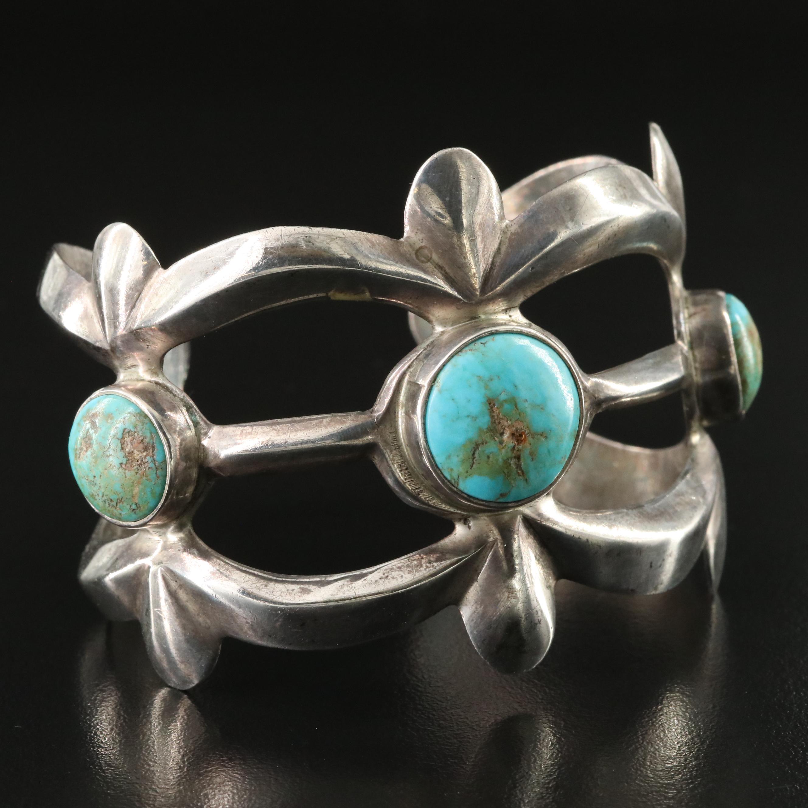 Southwestern Sterling Sand Cast Turquoise Cuff Bracelet