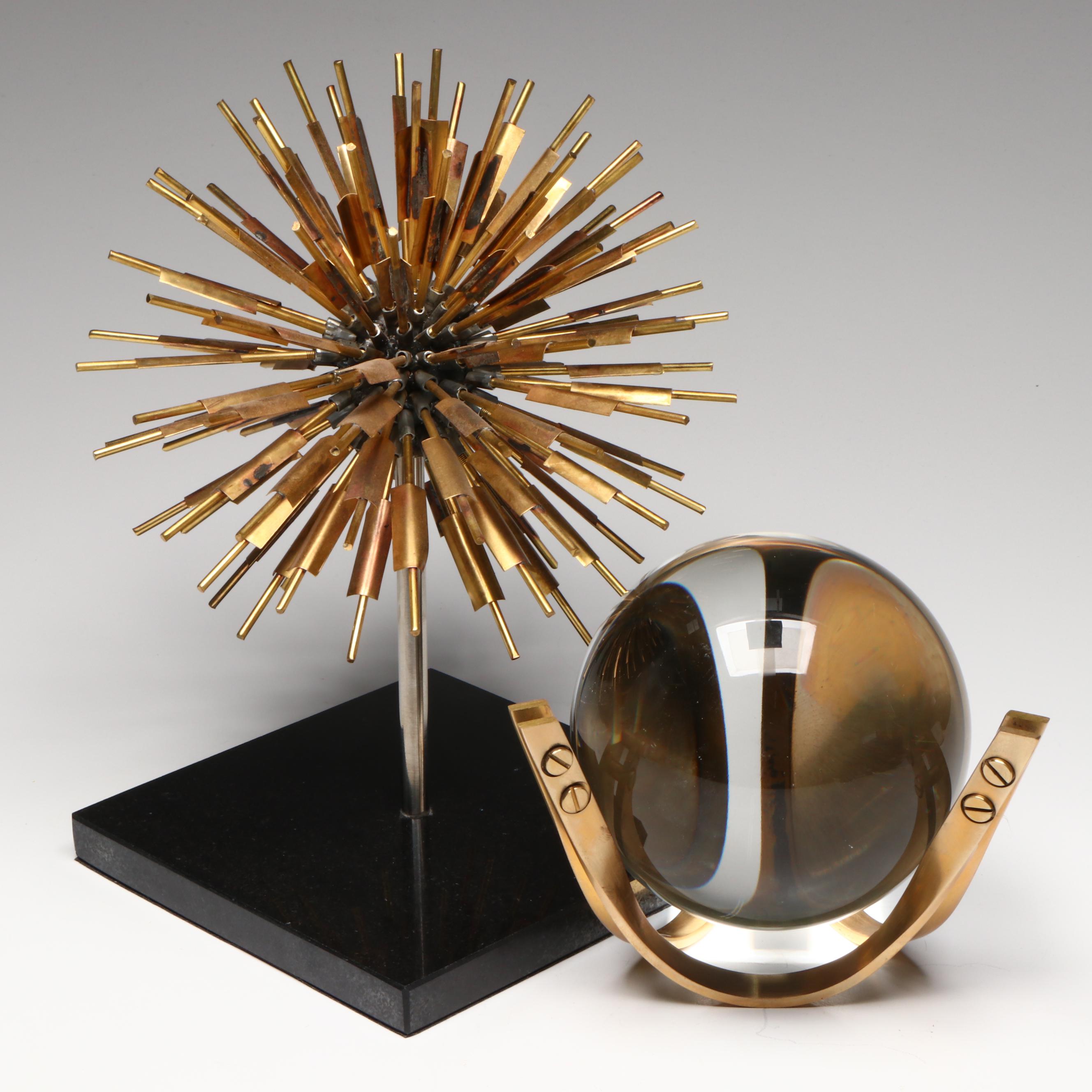 Global Views Sea Urchin Sculpture with Crystal Ball on Brass Stand