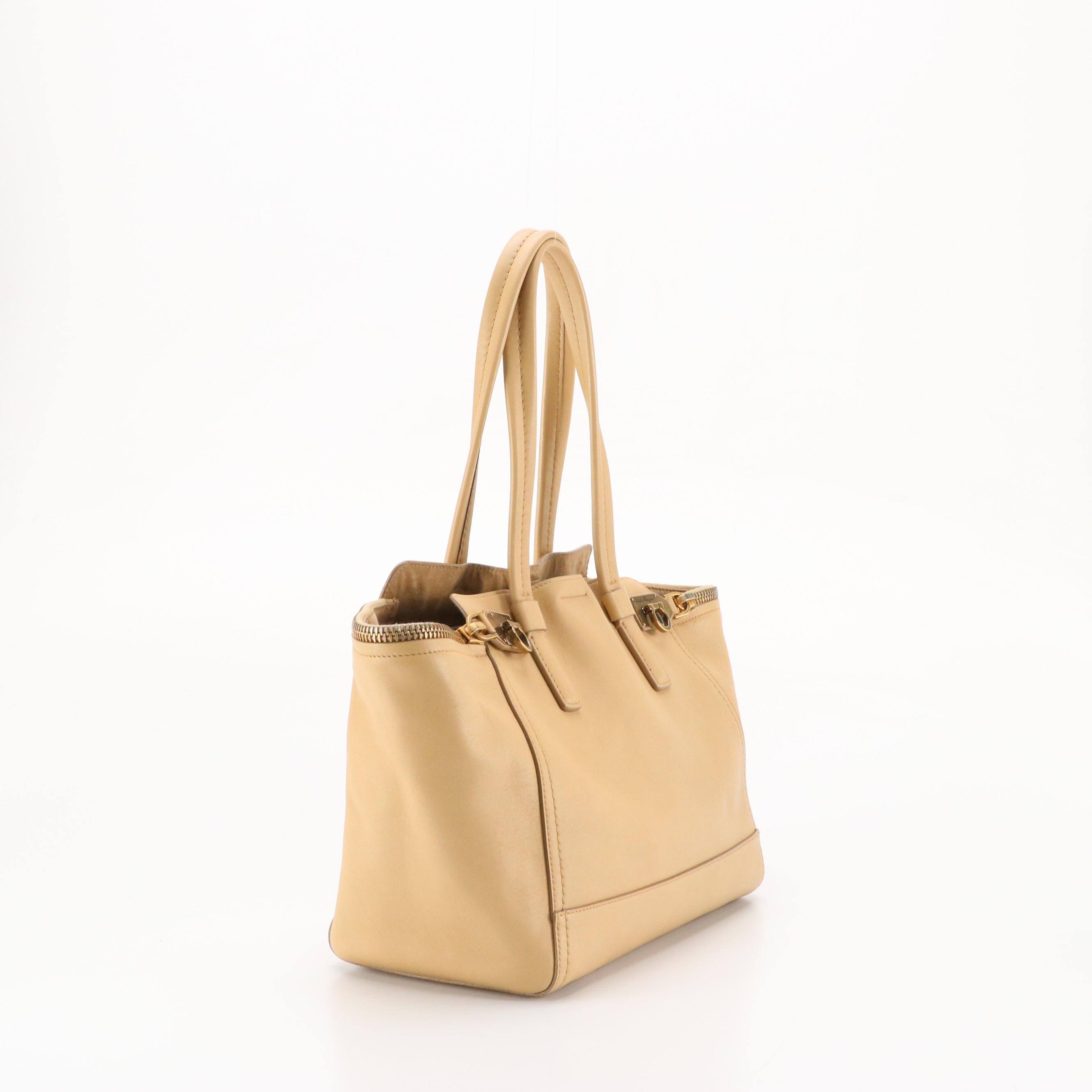 Salvatore Ferragamo Gancini-Zip Tote Bag in Beige Calfskin Leather