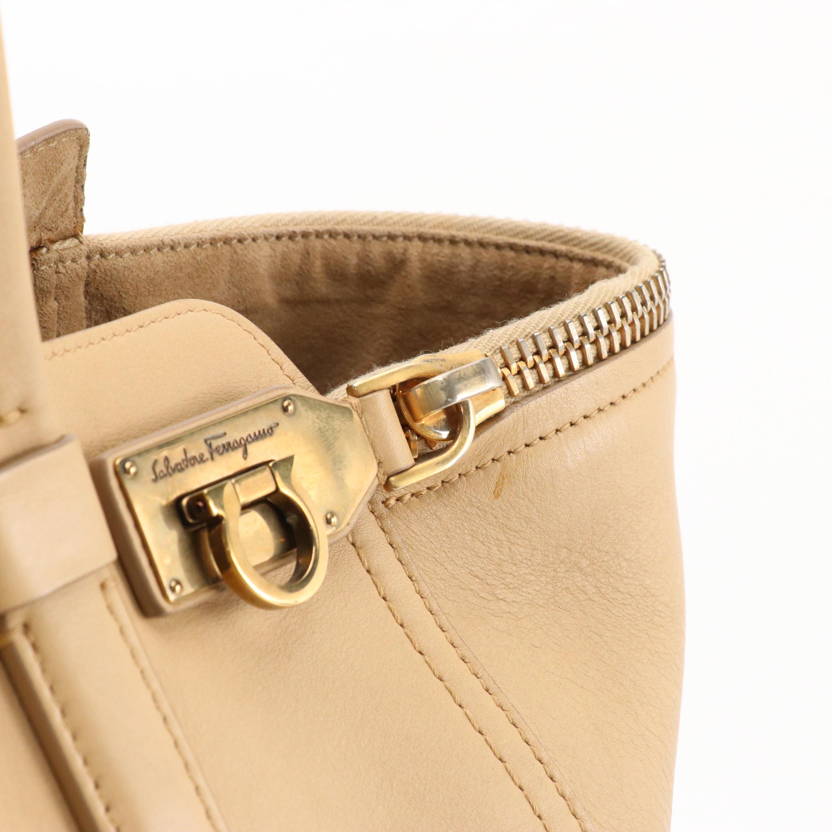 Salvatore Ferragamo Gancini-Zip Tote Bag in Beige Calfskin Leather