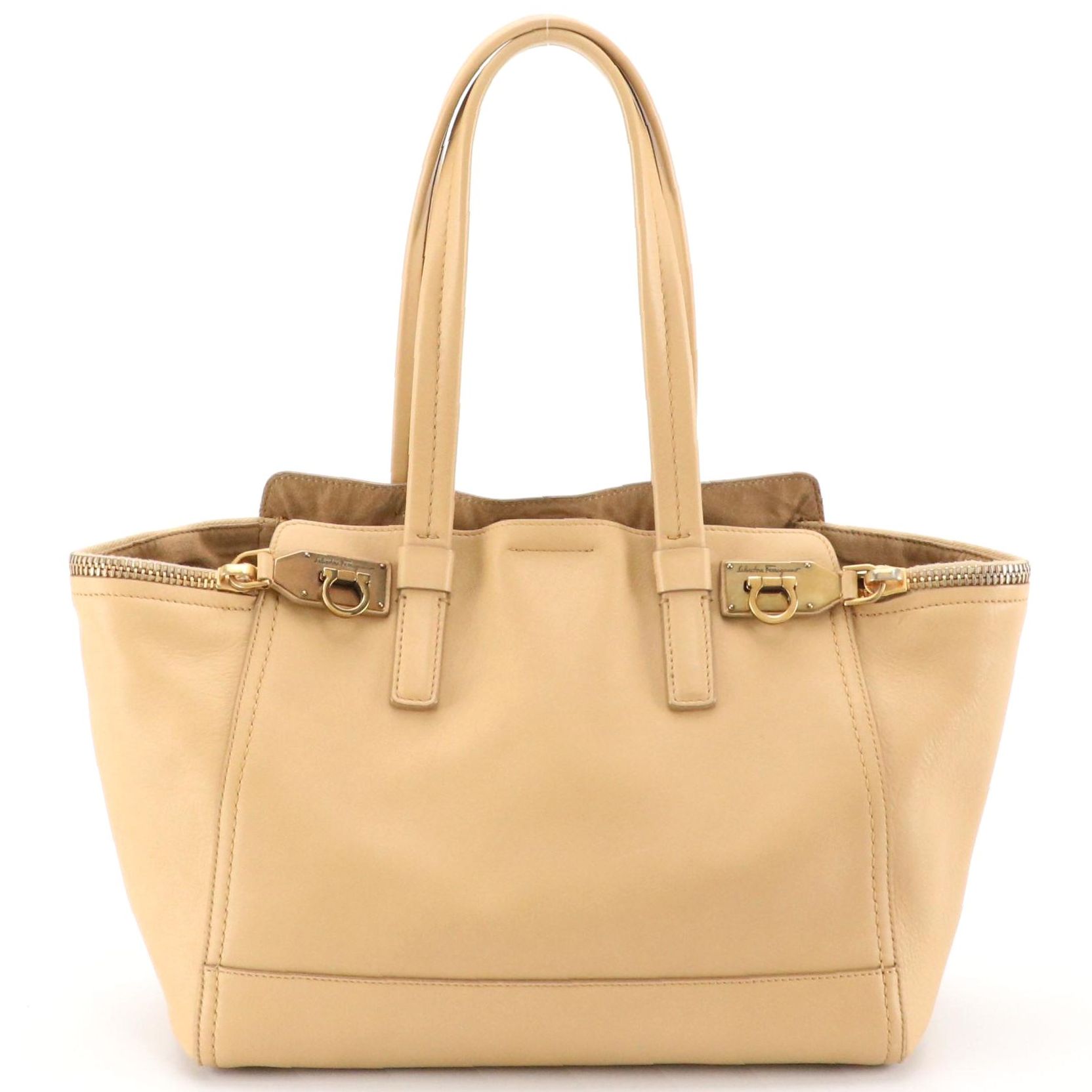 Salvatore Ferragamo Gancini-Zip Tote Bag in Beige Calfskin Leather