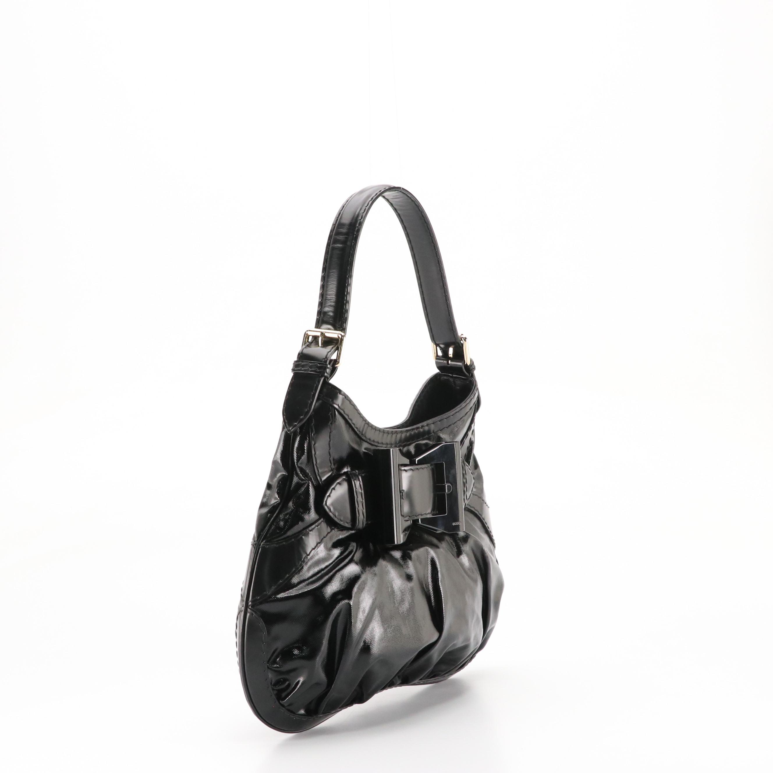 Gucci Dialux Queen Bow Buckle Hobo Bag in Black Patent and Smooth Leather