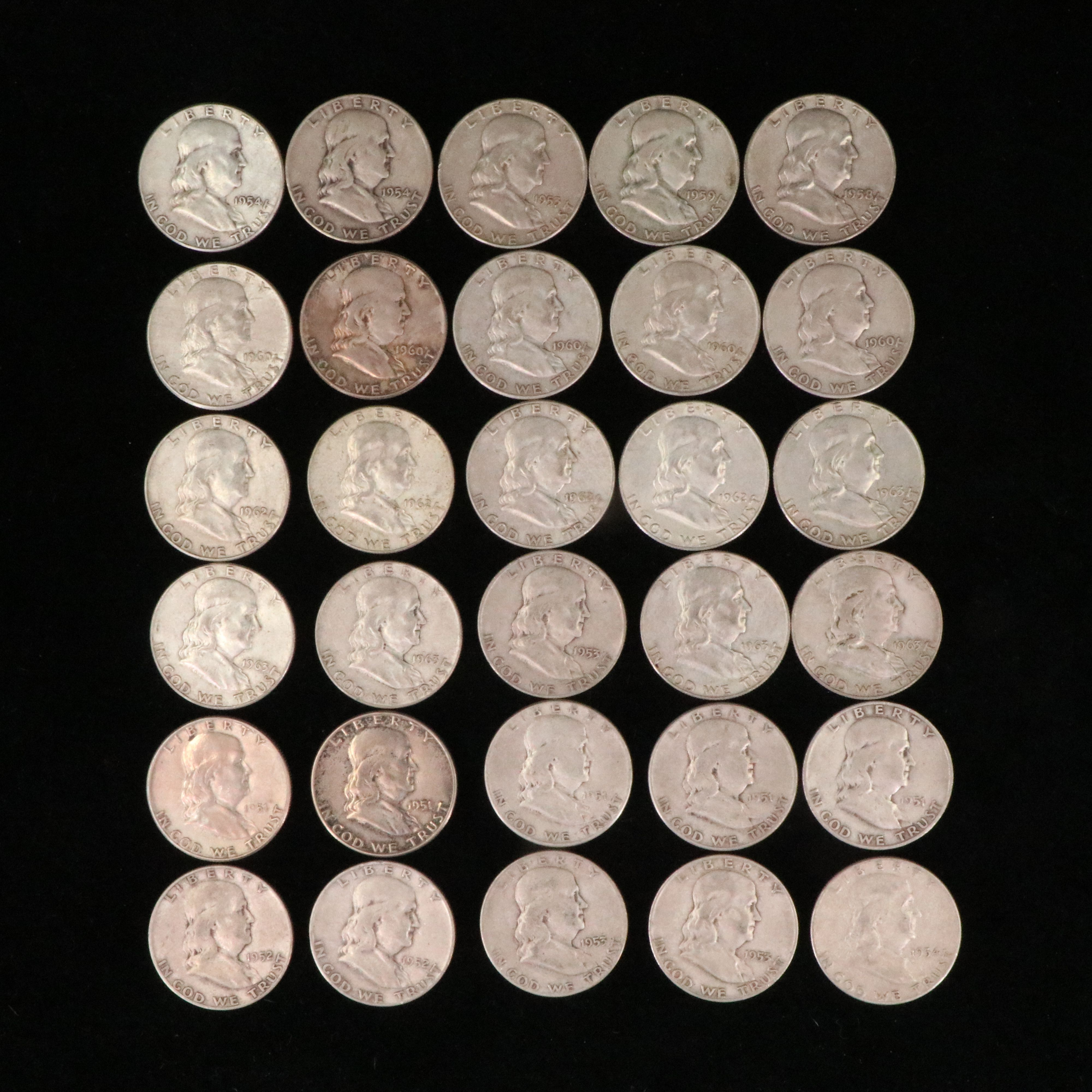 Group of Thirty 90% Silver Franklin Half Dollars
