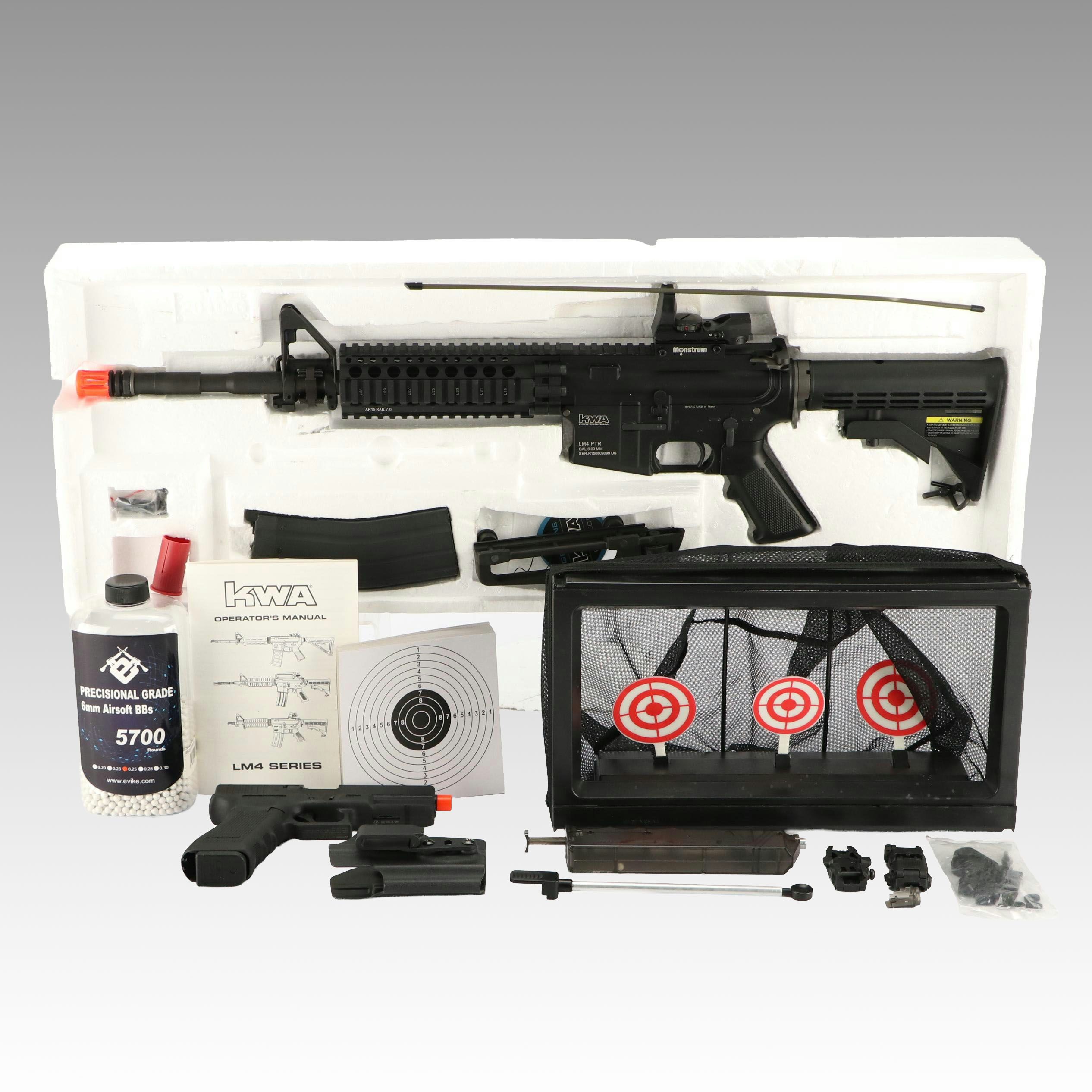 KWA Airsoft Gas Blowback Rifle with Airsoft Glock Handgun and Accessories